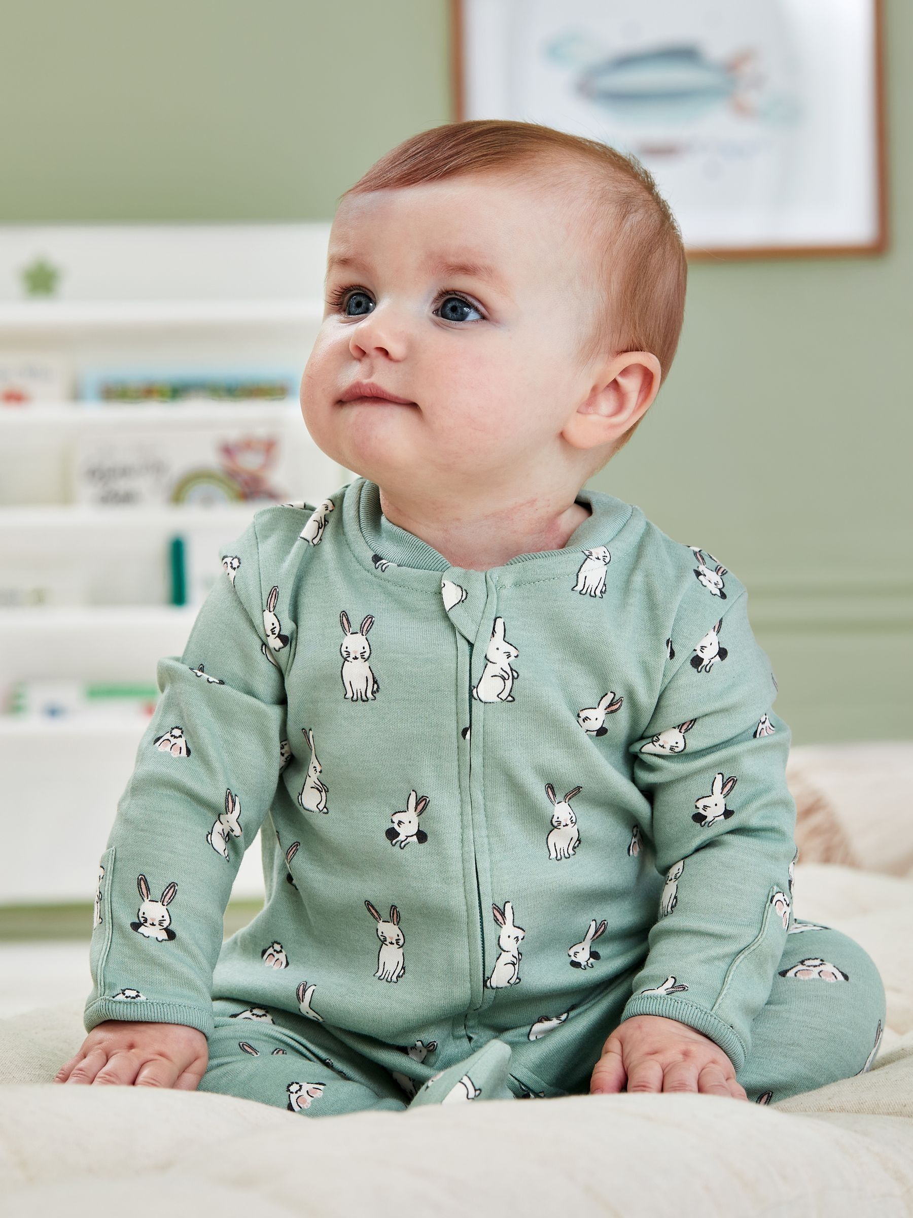 Green Bunny Print Zip Cotton Baby Sleepsuit - Image 5 of 6