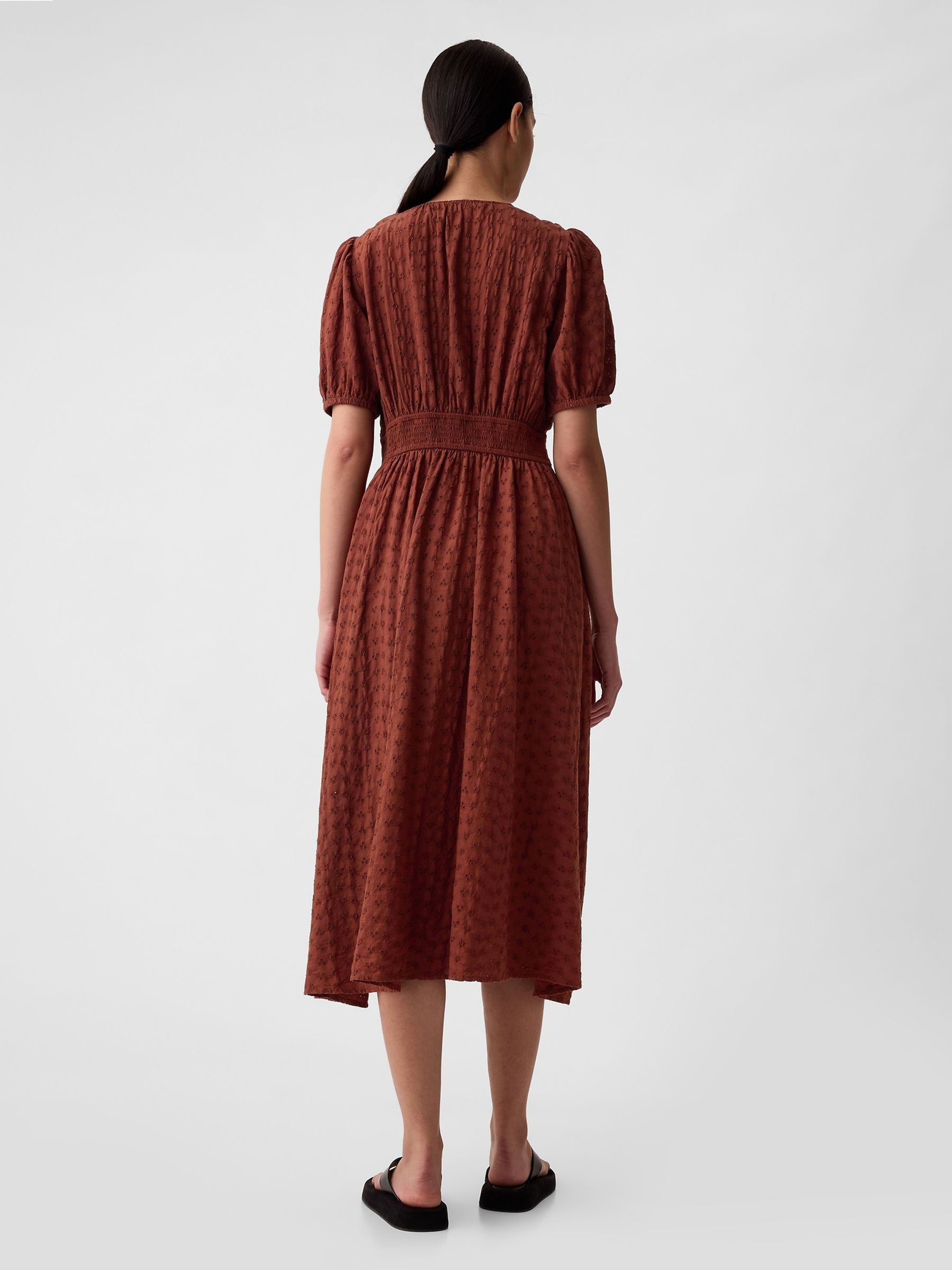 Brown Puff Sleeve Button Front Broderie Midi Dress - Image 2 of 5