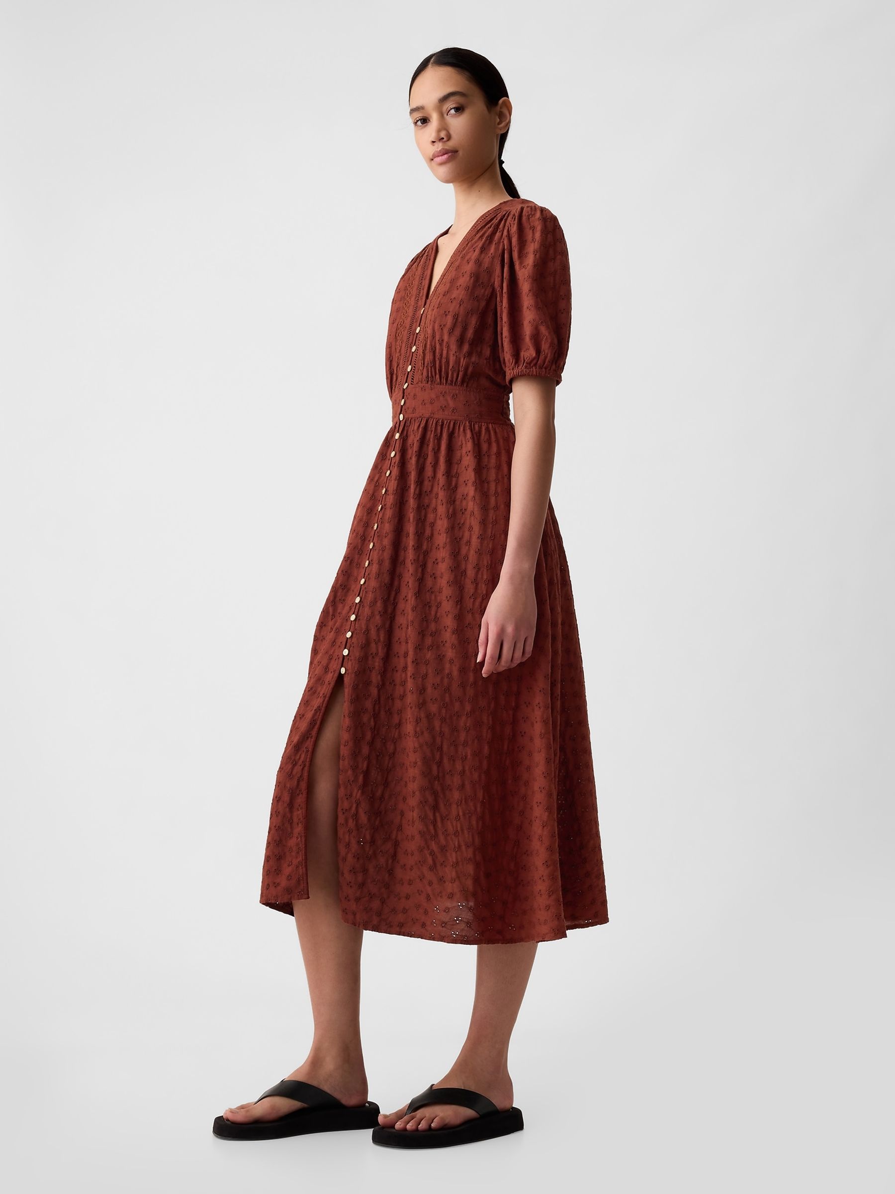 Brown Puff Sleeve Button Front Broderie Midi Dress - Image 3 of 5
