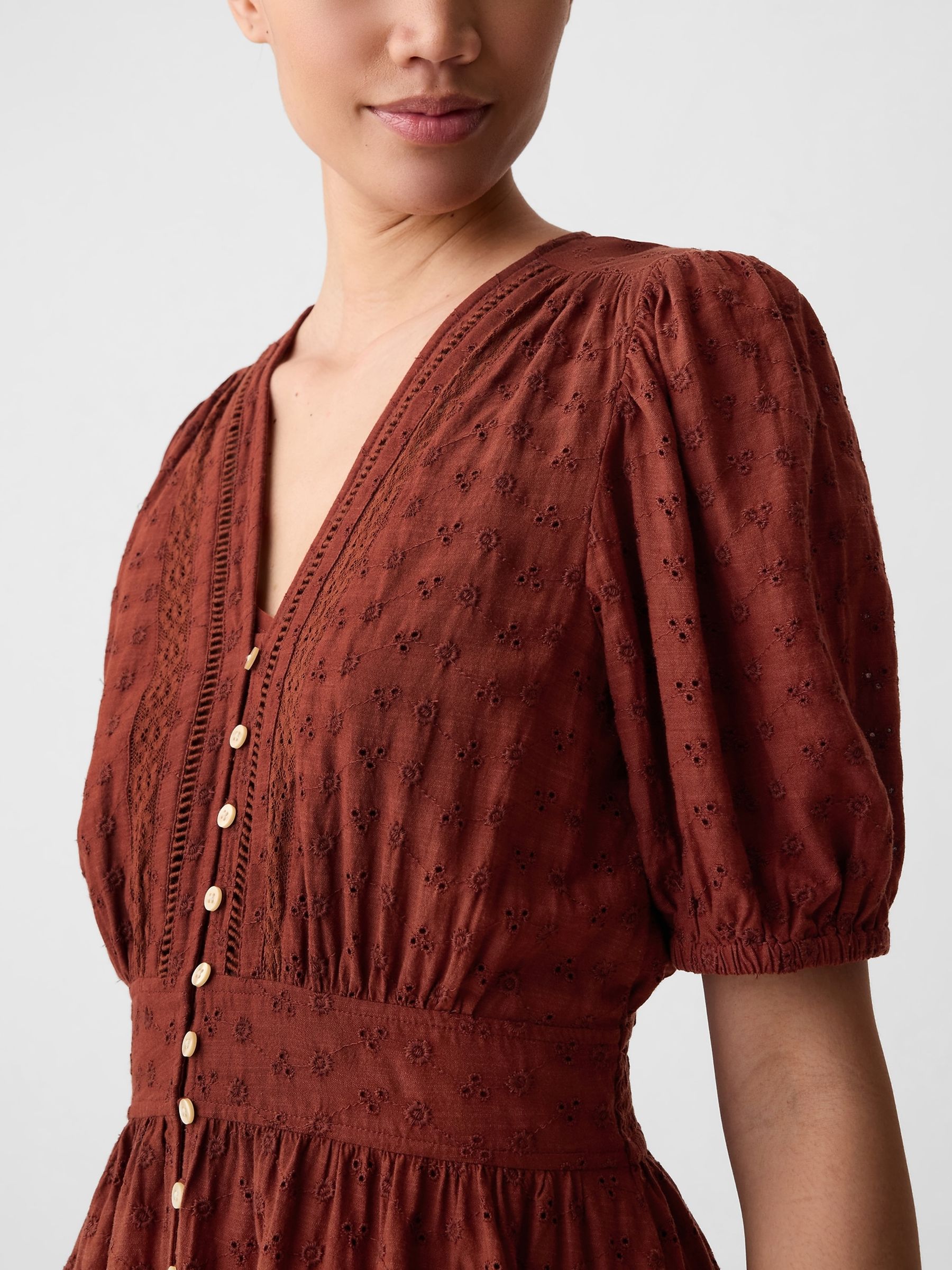 Brown Puff Sleeve Button Front Broderie Midi Dress - Image 4 of 5