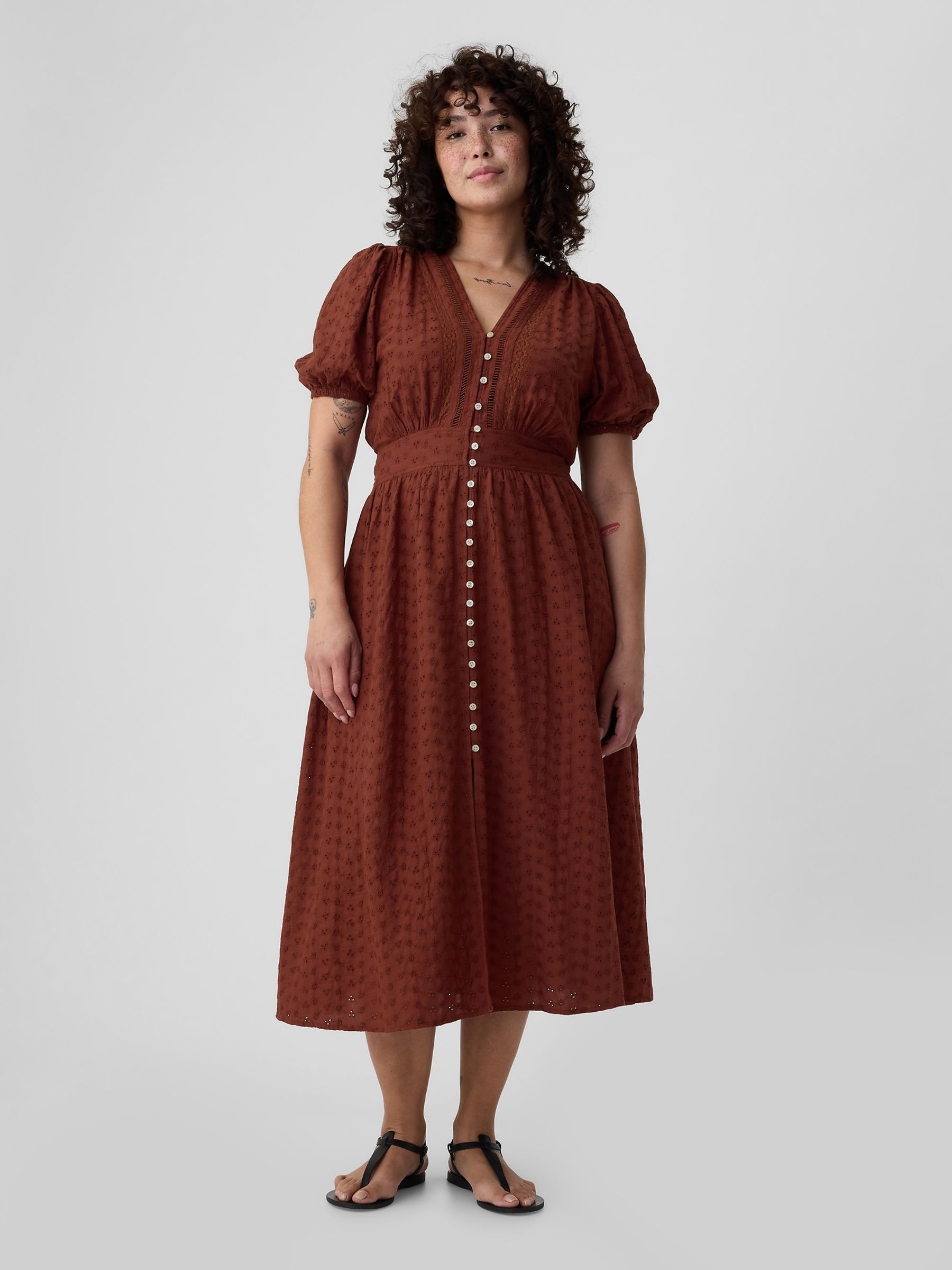 Brown Puff Sleeve Button Front Broderie Midi Dress - Image 5 of 5