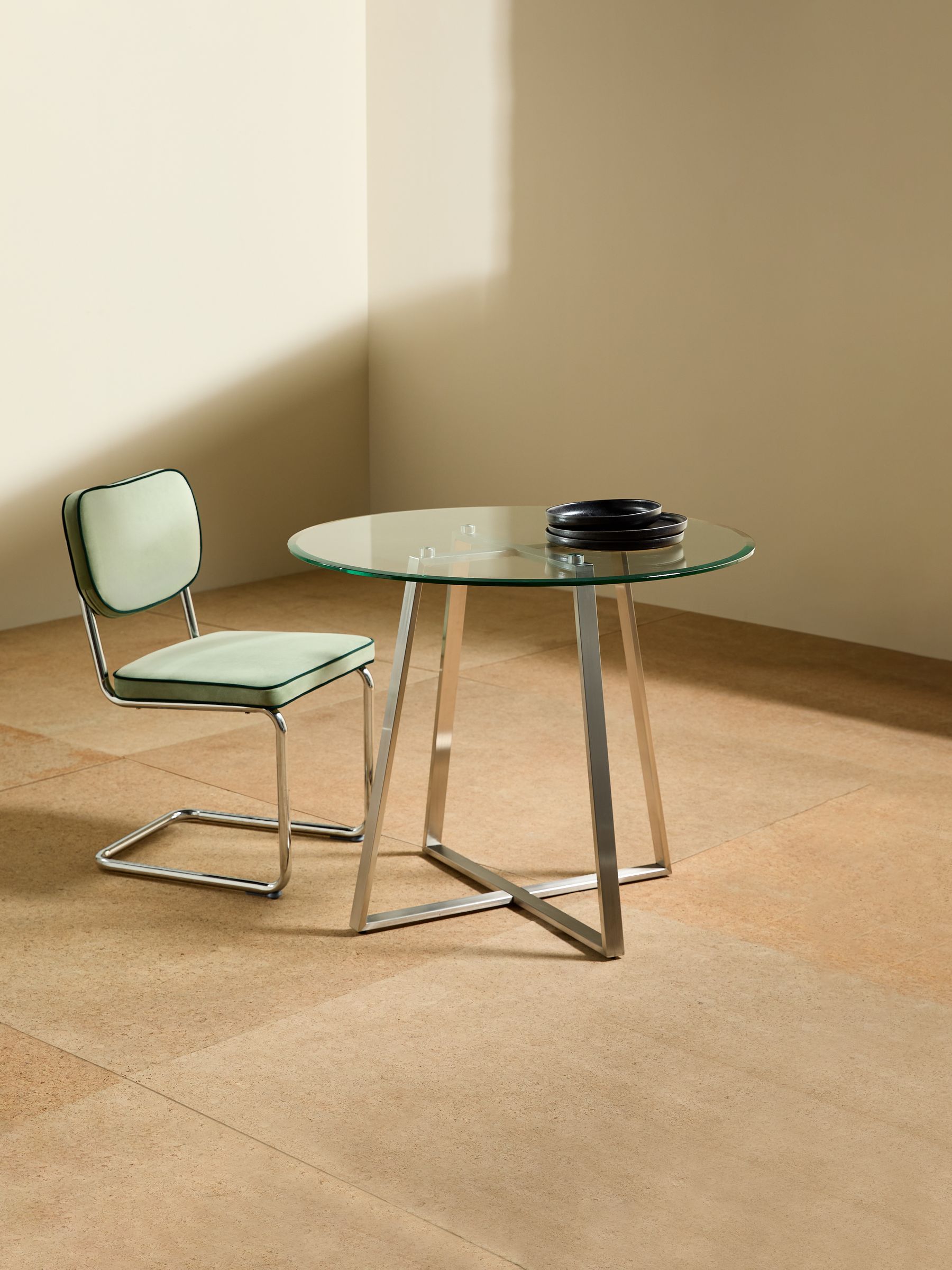Haku 2 Seater Round Dining Table in Stainless Steel Clear Glass - Image 2 of 5