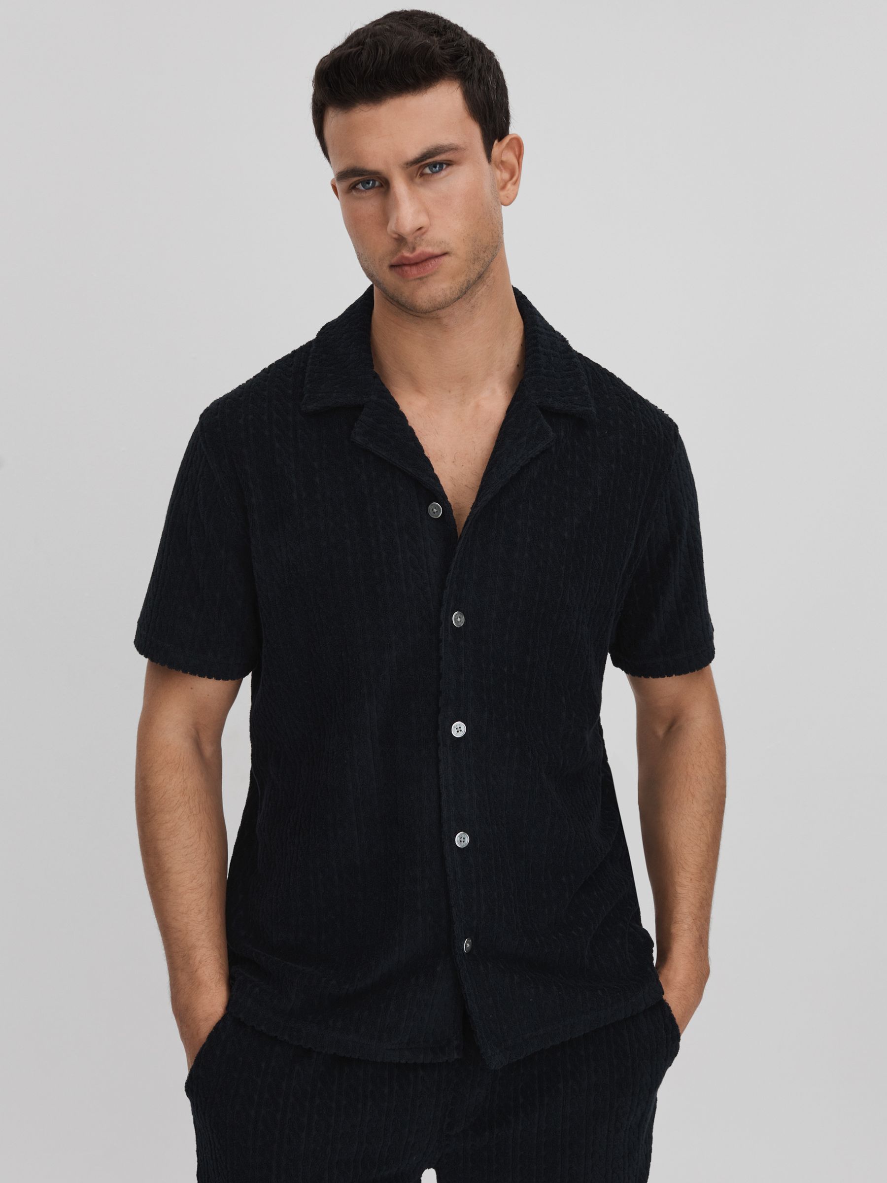 Towelling Cuban Collar Shirt in Navy - Image 1 of 6