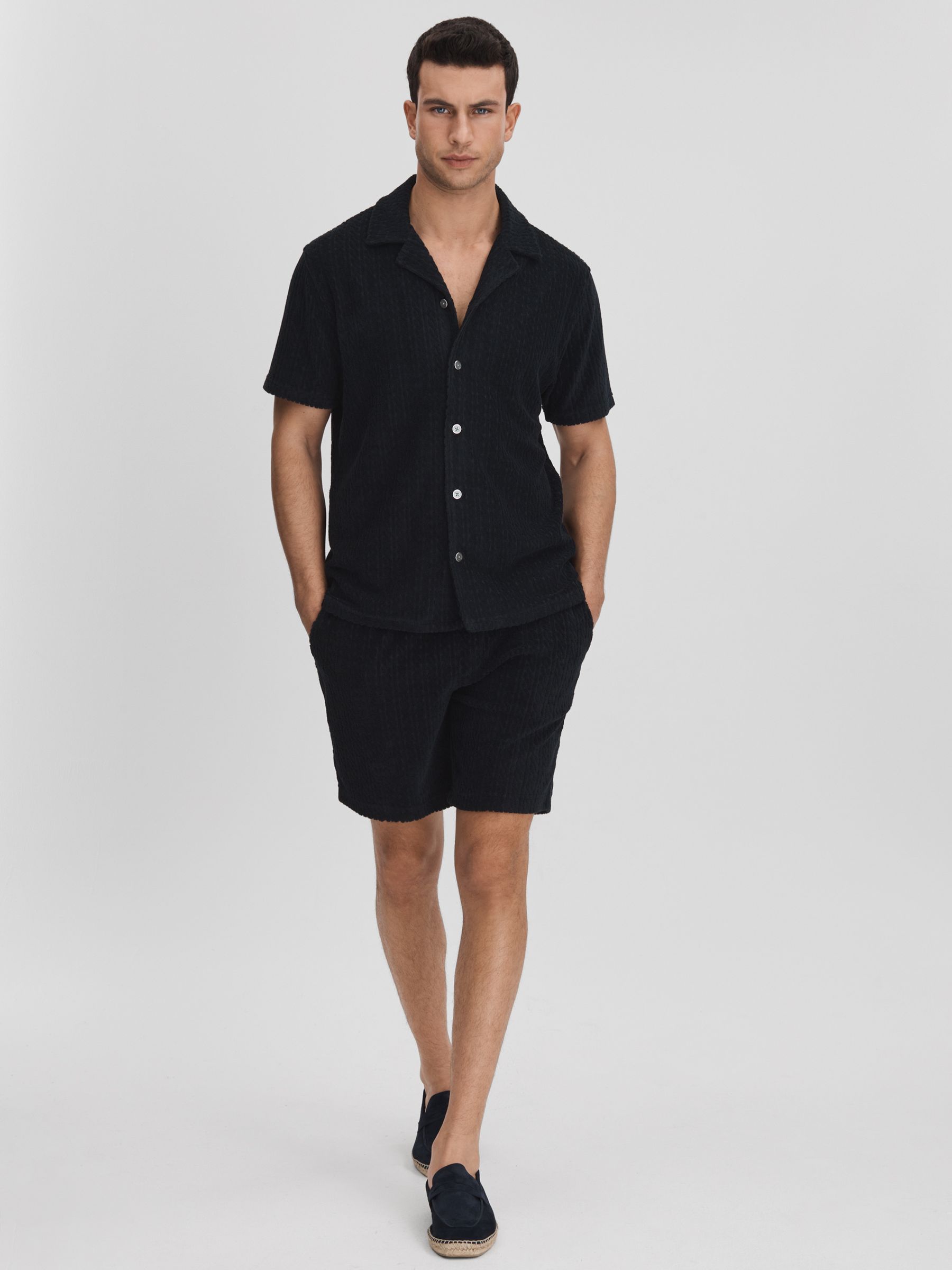Towelling Cuban Collar Shirt in Navy - Image 3 of 6