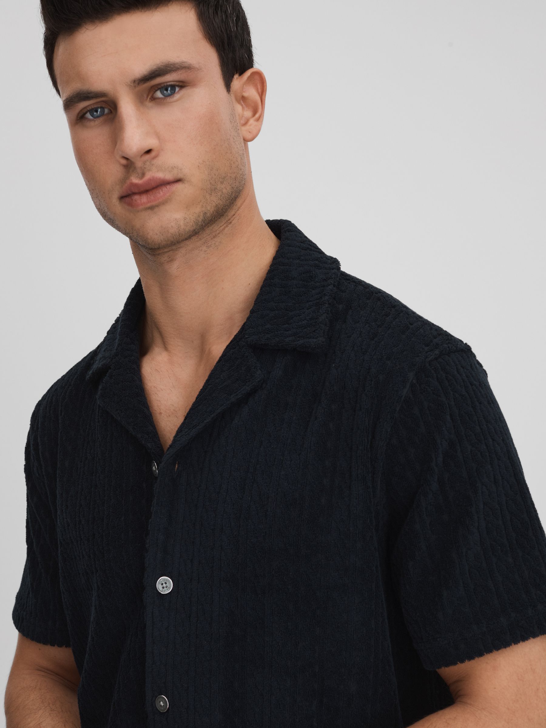 Towelling Cuban Collar Shirt in Navy - Image 4 of 6