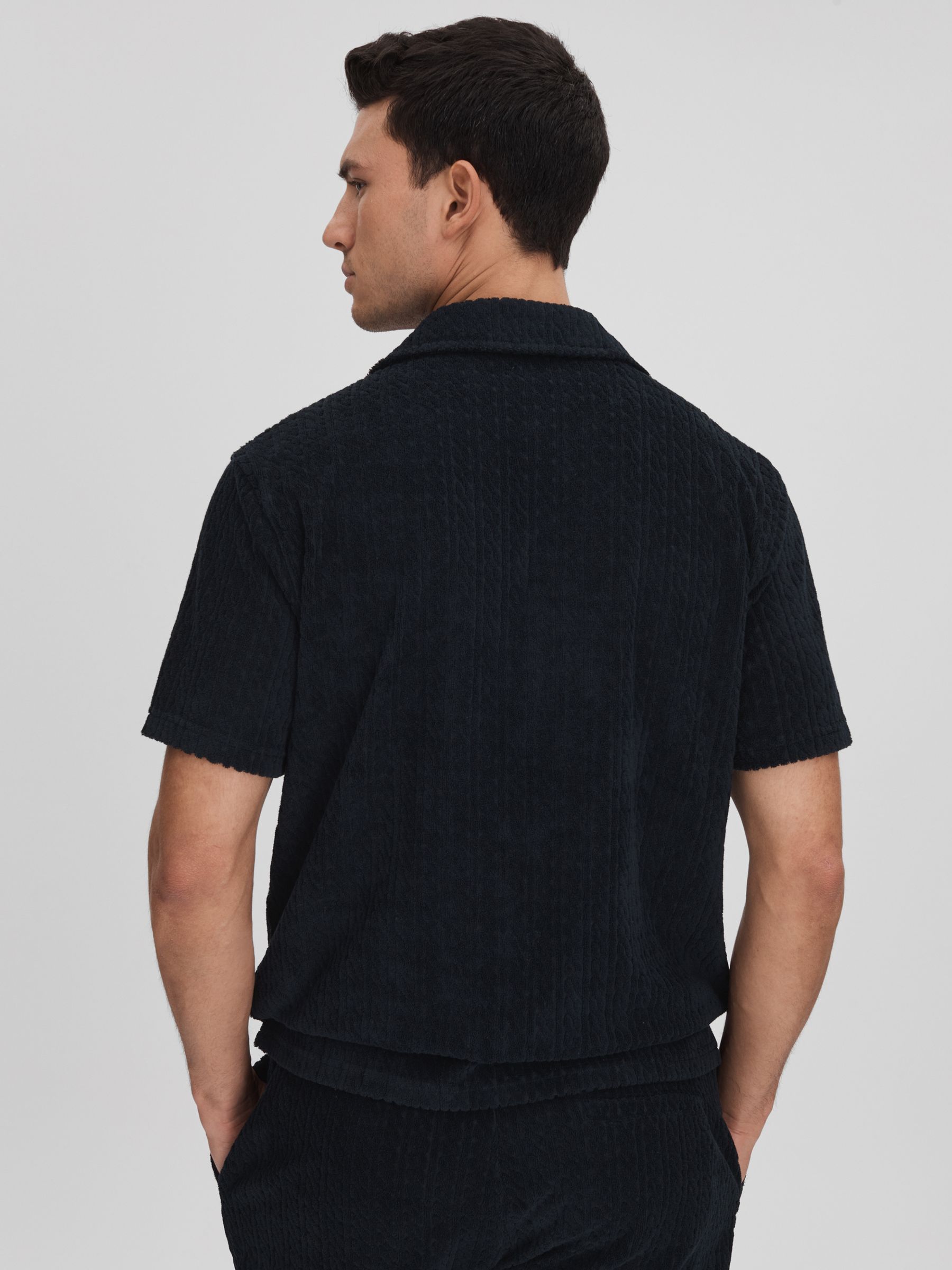 Towelling Cuban Collar Shirt in Navy - Image 5 of 6