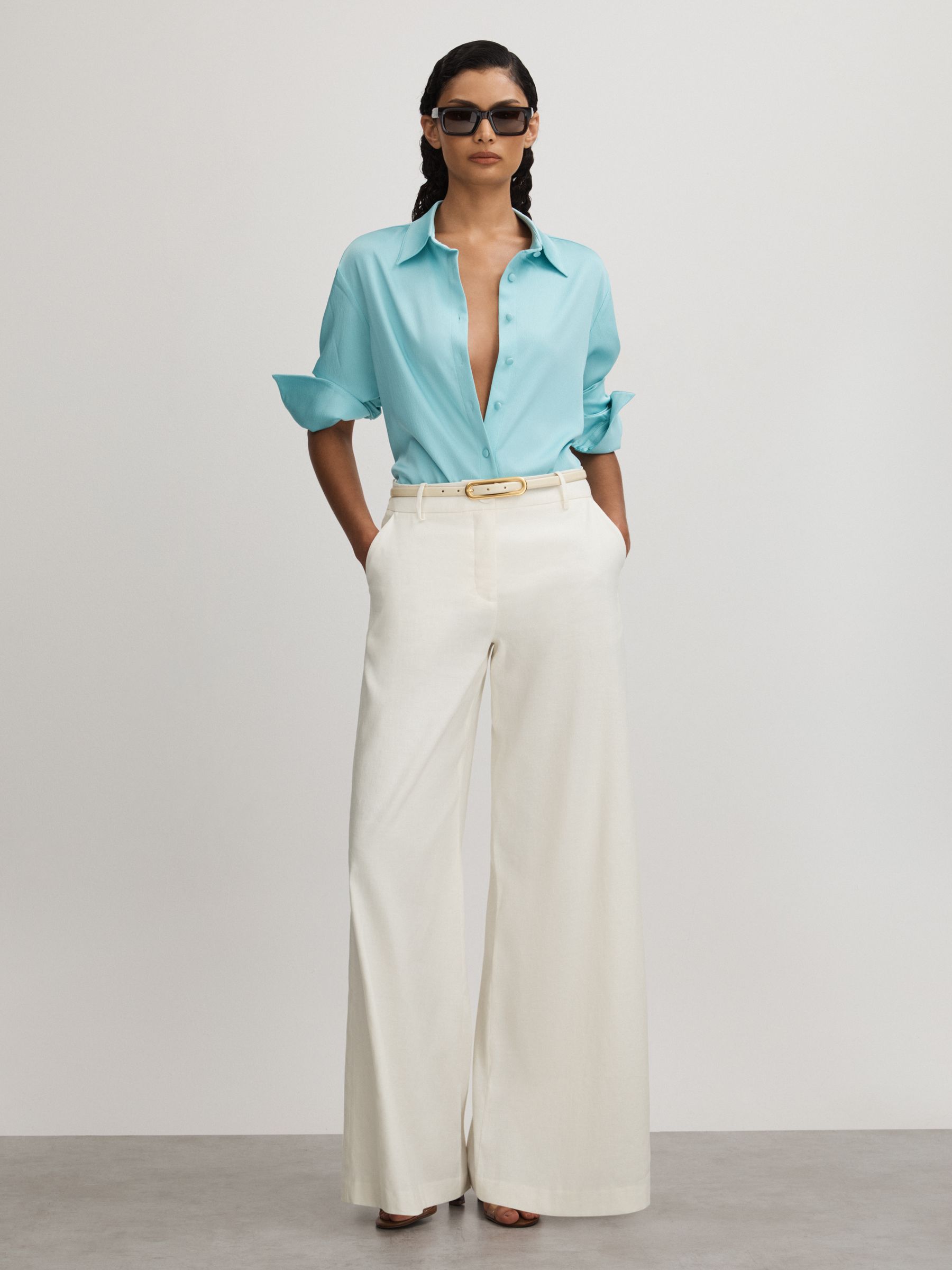 Anna Quan Wide Leg Linen Blend Trousers in Ivory - Image 1 of 4