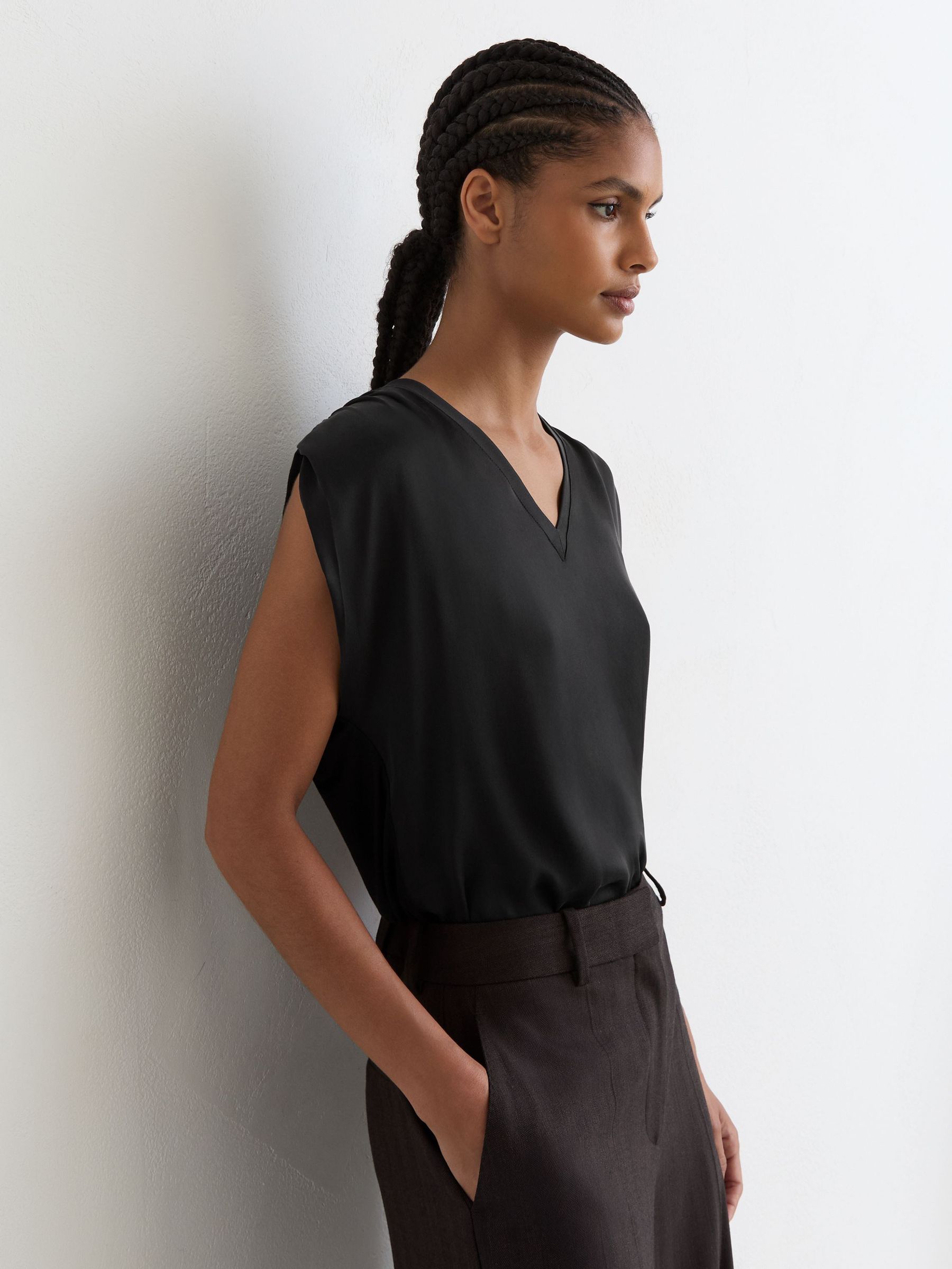 Silk-Front V-Neck Sleeveless Top in Black - Image 1 of 6