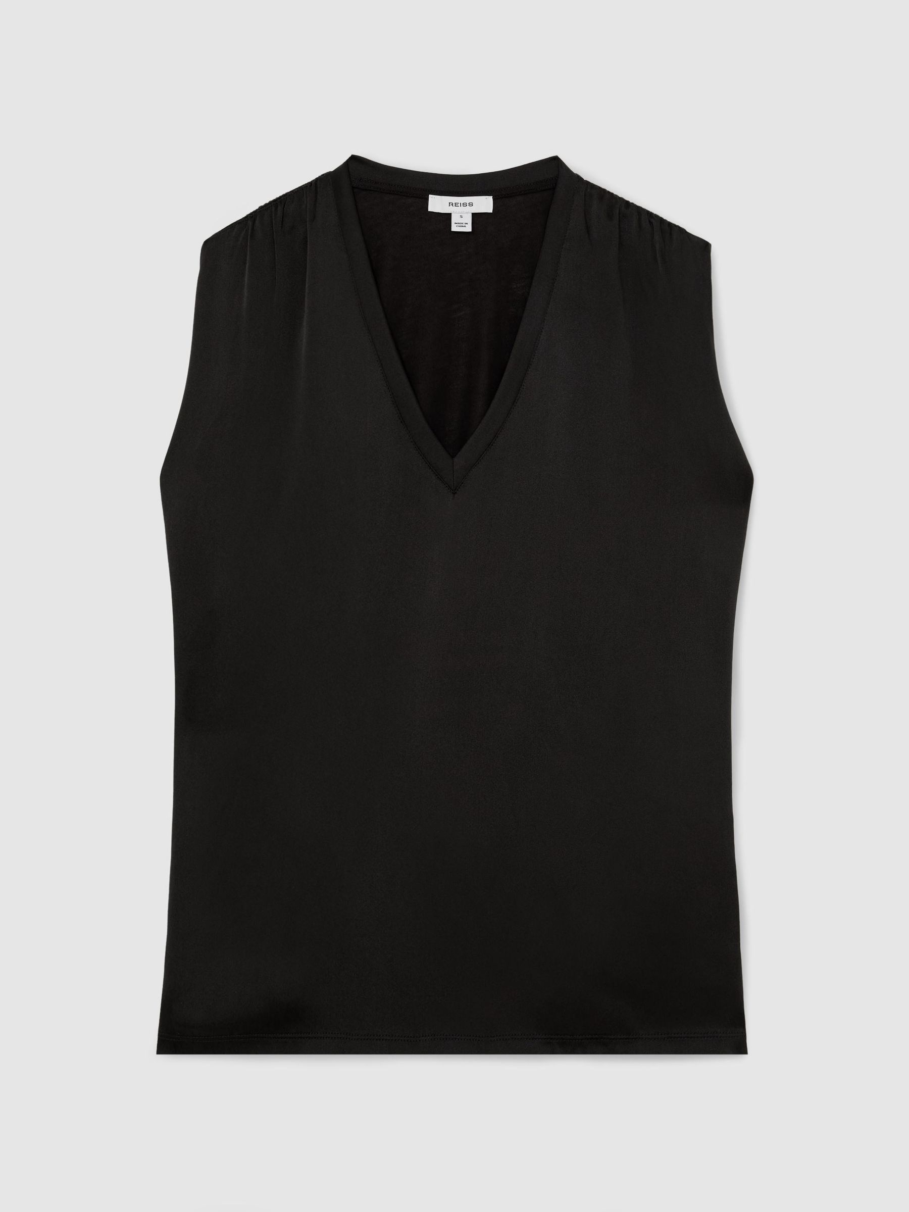 Silk-Front V-Neck Sleeveless Top in Black - Image 2 of 6