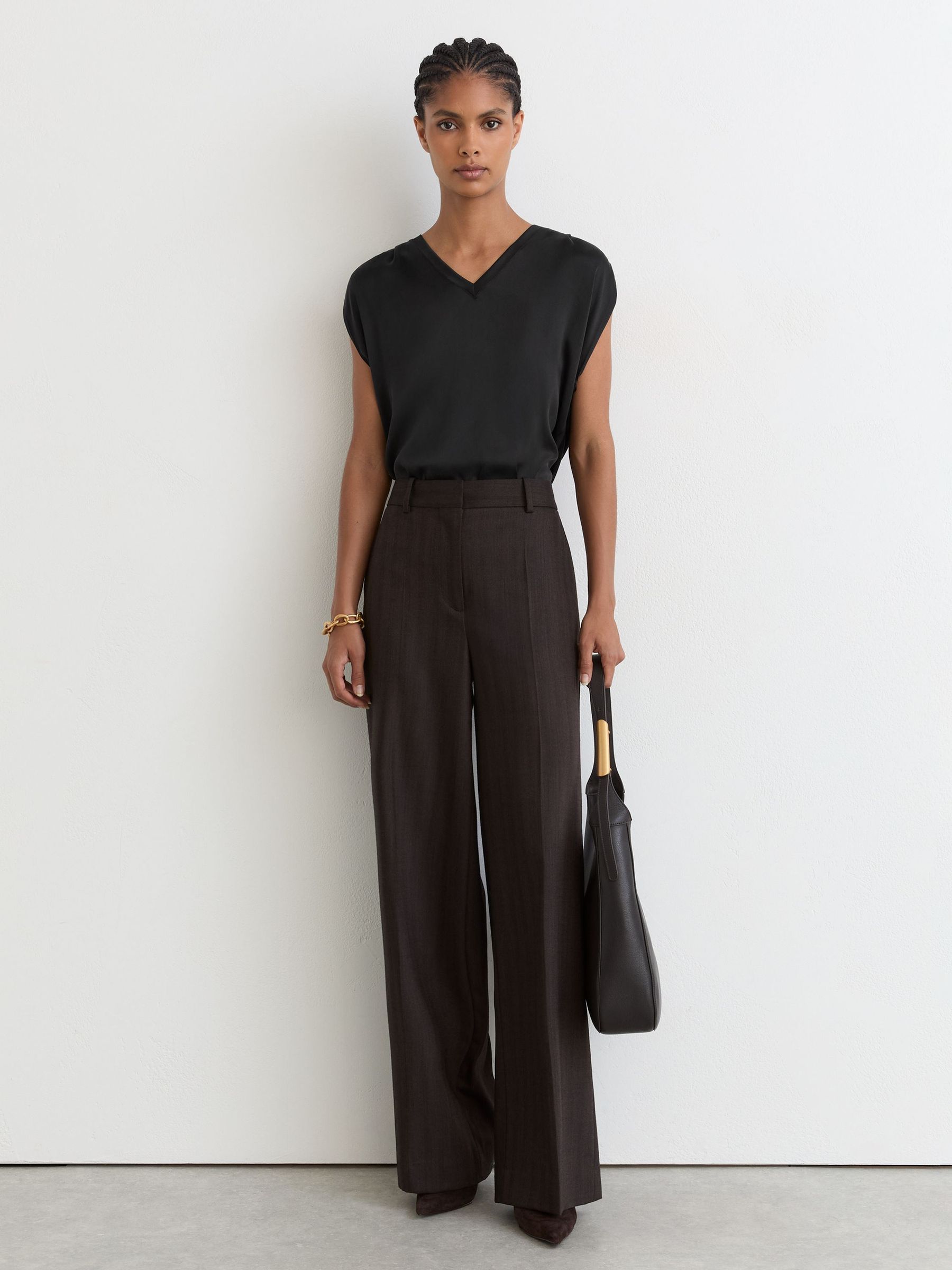 Silk-Front V-Neck Sleeveless Top in Black - Image 3 of 6