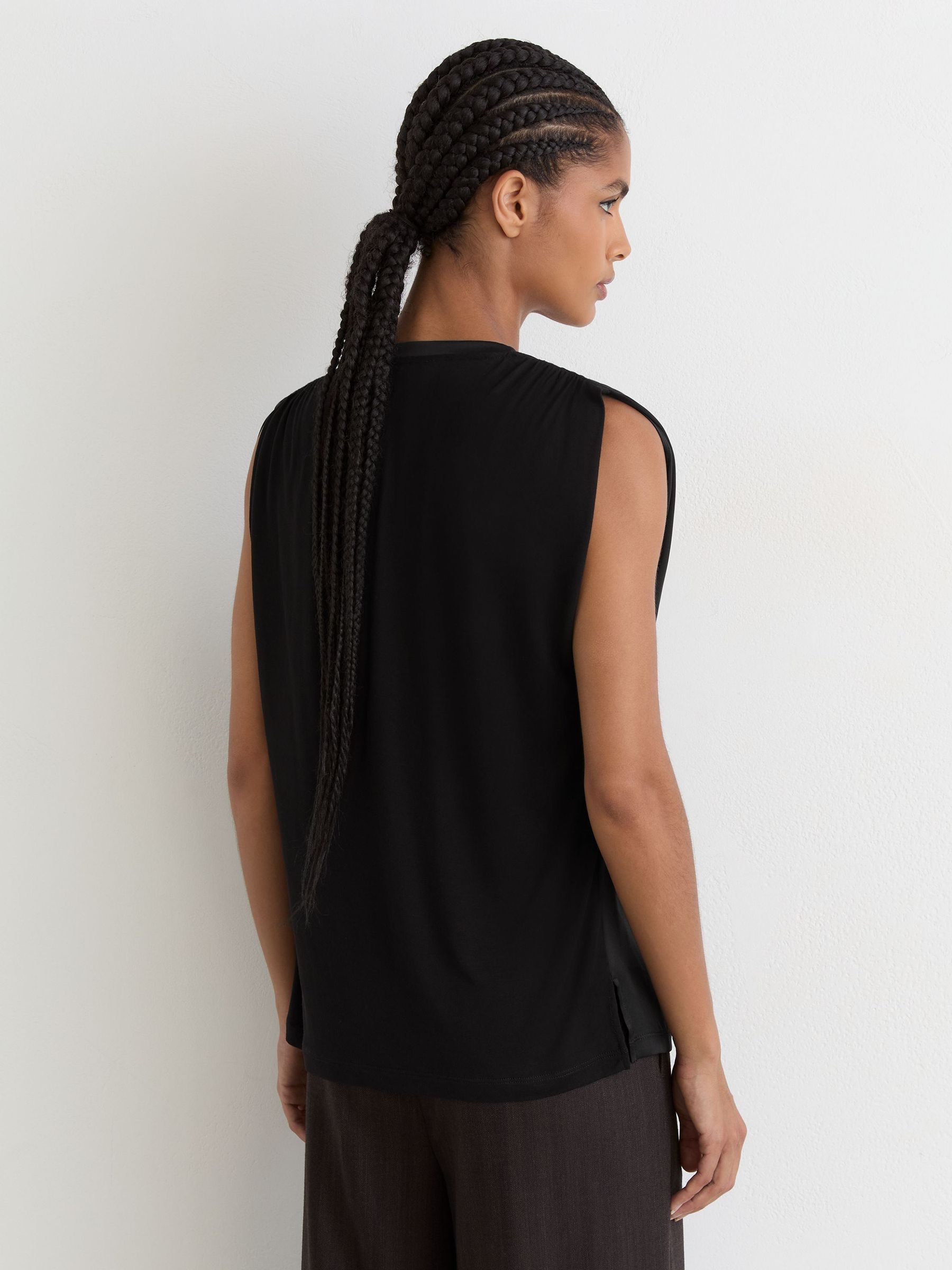 Silk-Front V-Neck Sleeveless Top in Black - Image 5 of 6
