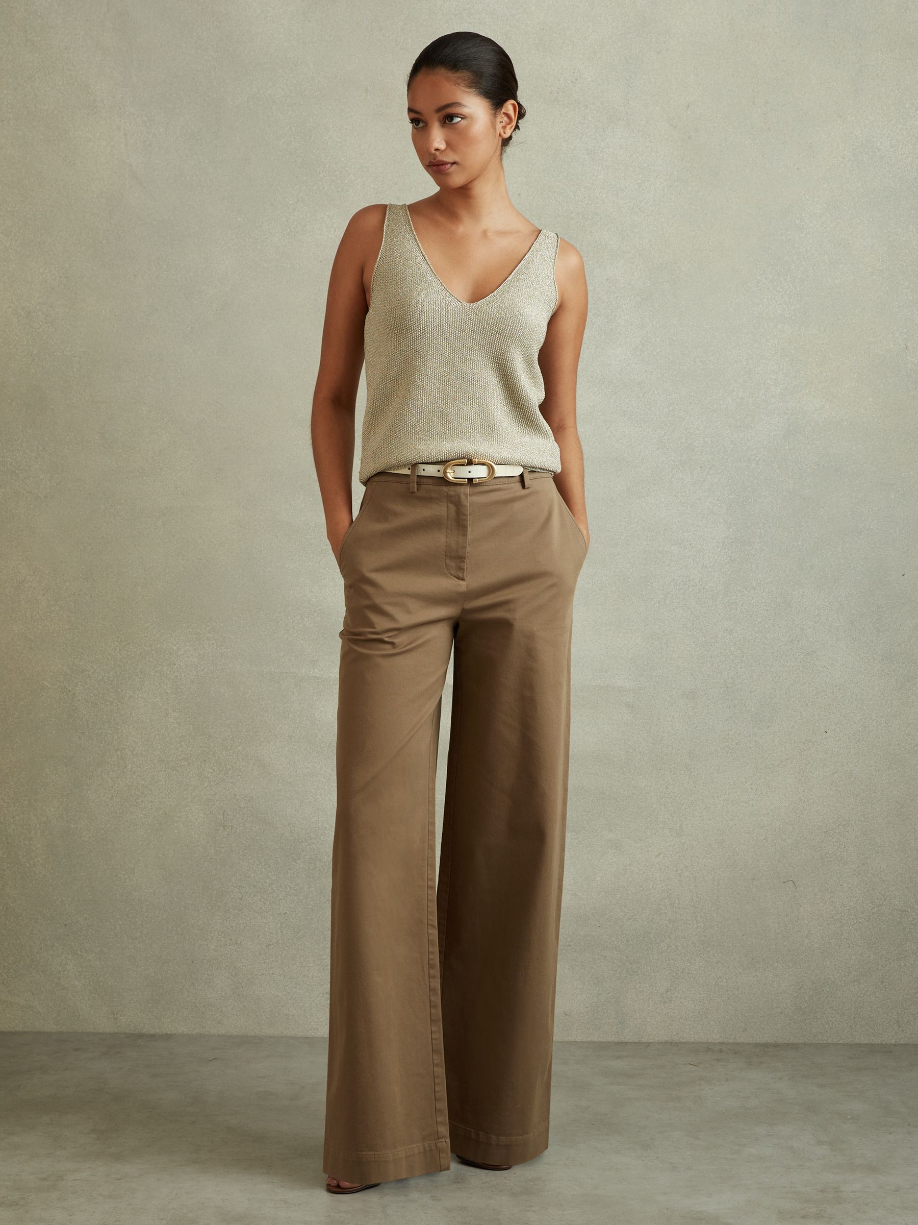 Petite Cotton Blend Wide Leg Trousers in Dark Camel - Image 1 of 7