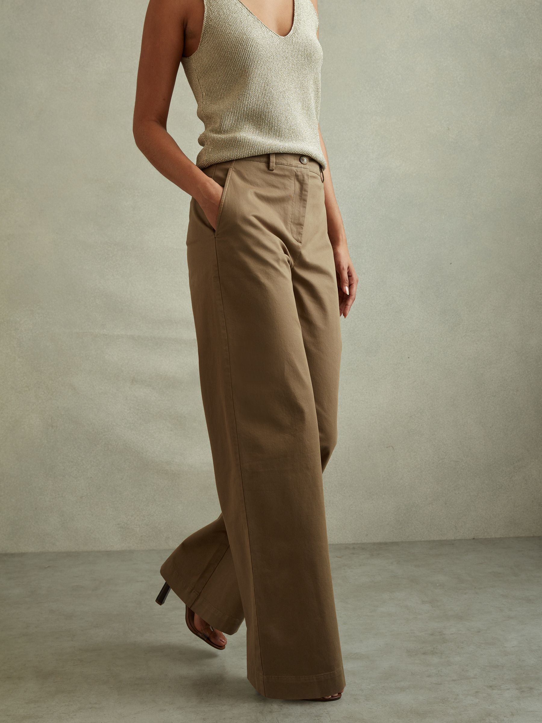 Petite Cotton Blend Wide Leg Trousers in Dark Camel - Image 3 of 7