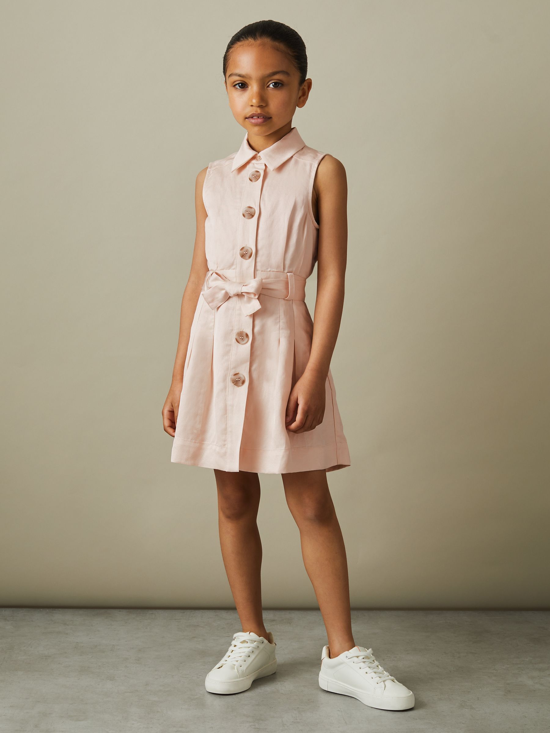 4-9 yrs Viscose-Linen Belted Collared Dress in Pink - Image 1 of 5 4-9 yrs Viscose-Linen Belted Collared Dress in Pink - Image 1 of 5