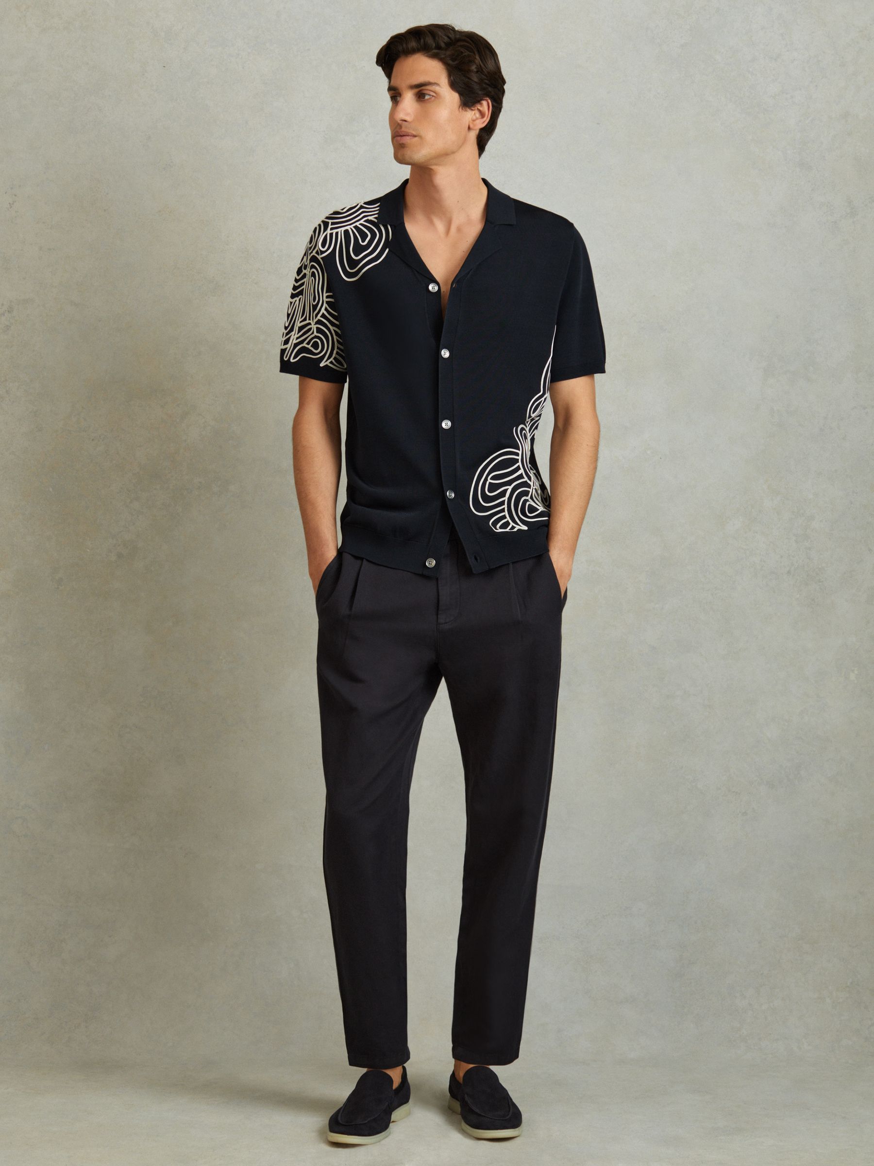 Jersey Embroidered Cuban Collar Shirt in Navy - Image 1 of 5