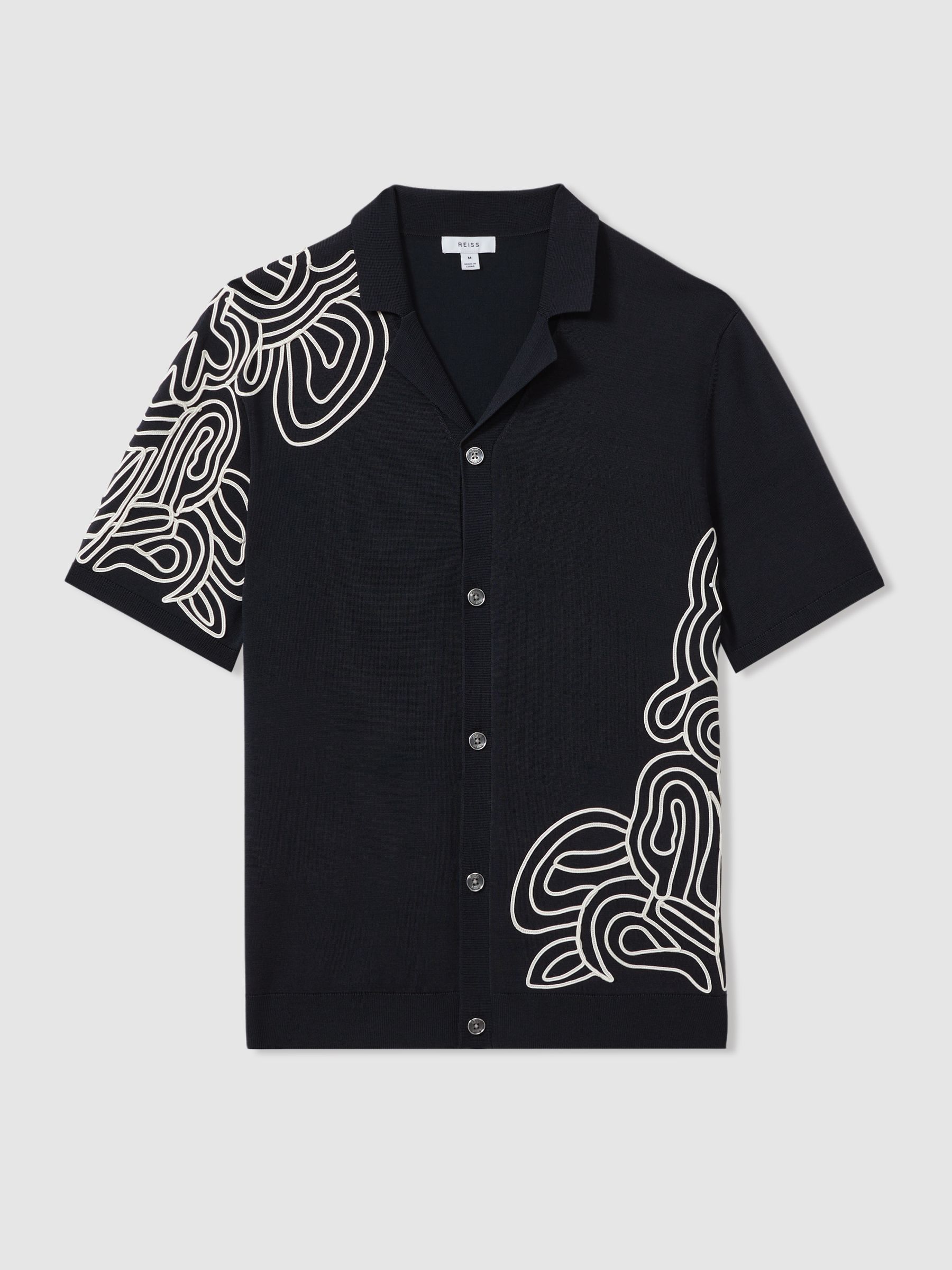 Jersey Embroidered Cuban Collar Shirt in Navy - Image 2 of 5