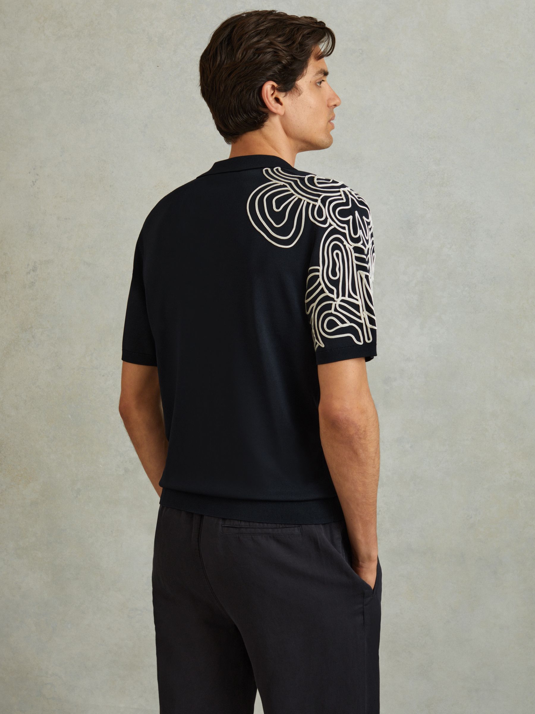 Jersey Embroidered Cuban Collar Shirt in Navy - Image 4 of 5