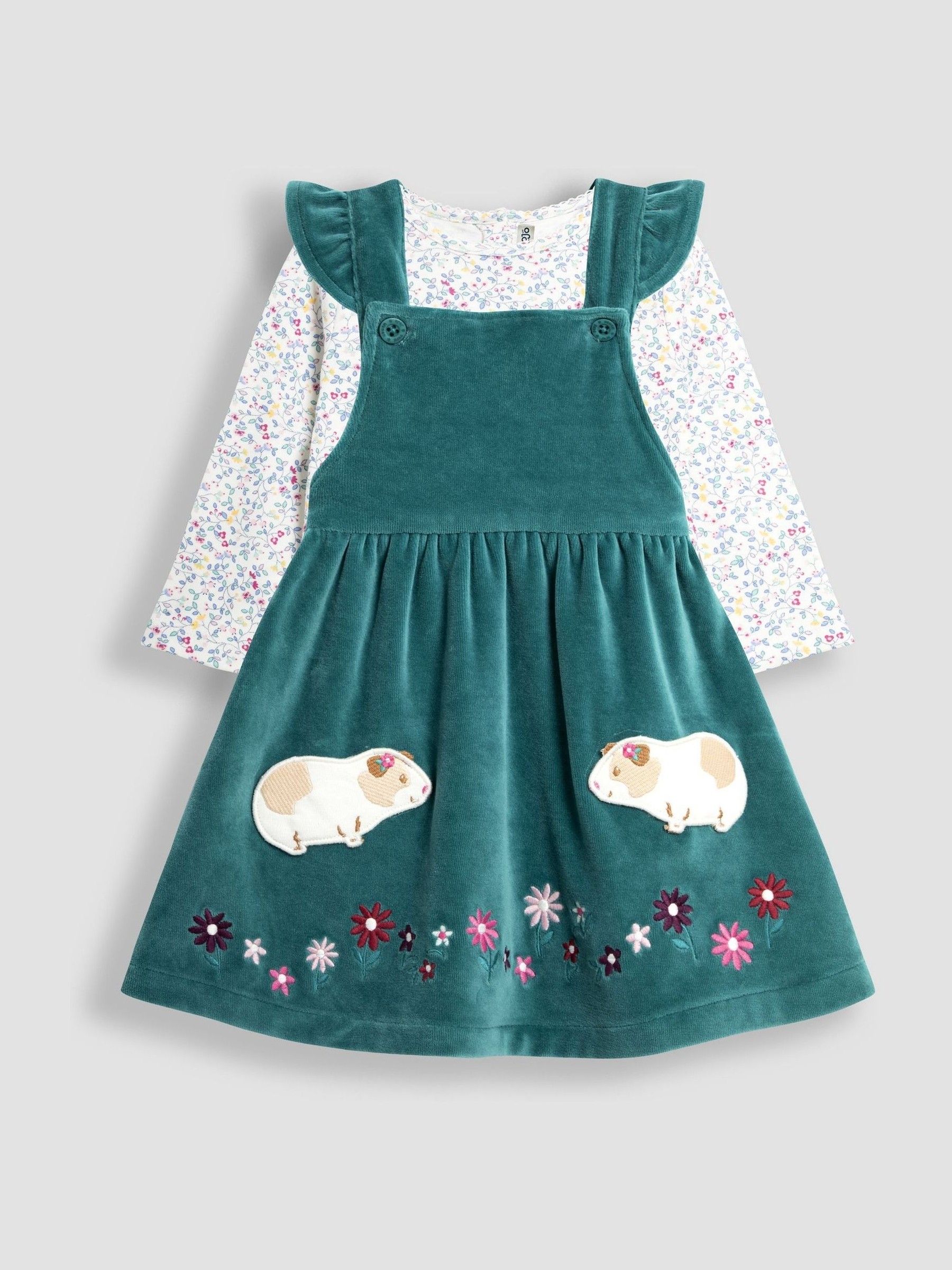 Green Guinea Pig Appliqué Velour Pinafore Dress And Top Set - Image 1 of 5