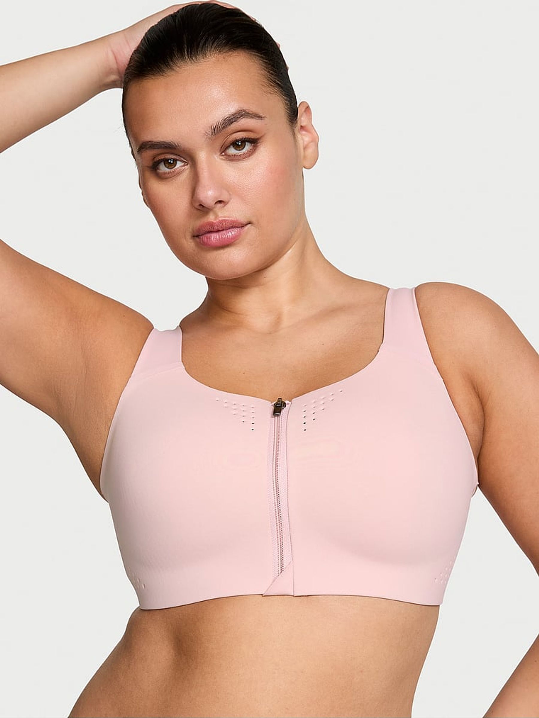 Chalk Rose Pink Strappy Back Front Close Featherweight Max High Support Sports Bra - Image 1 of 5