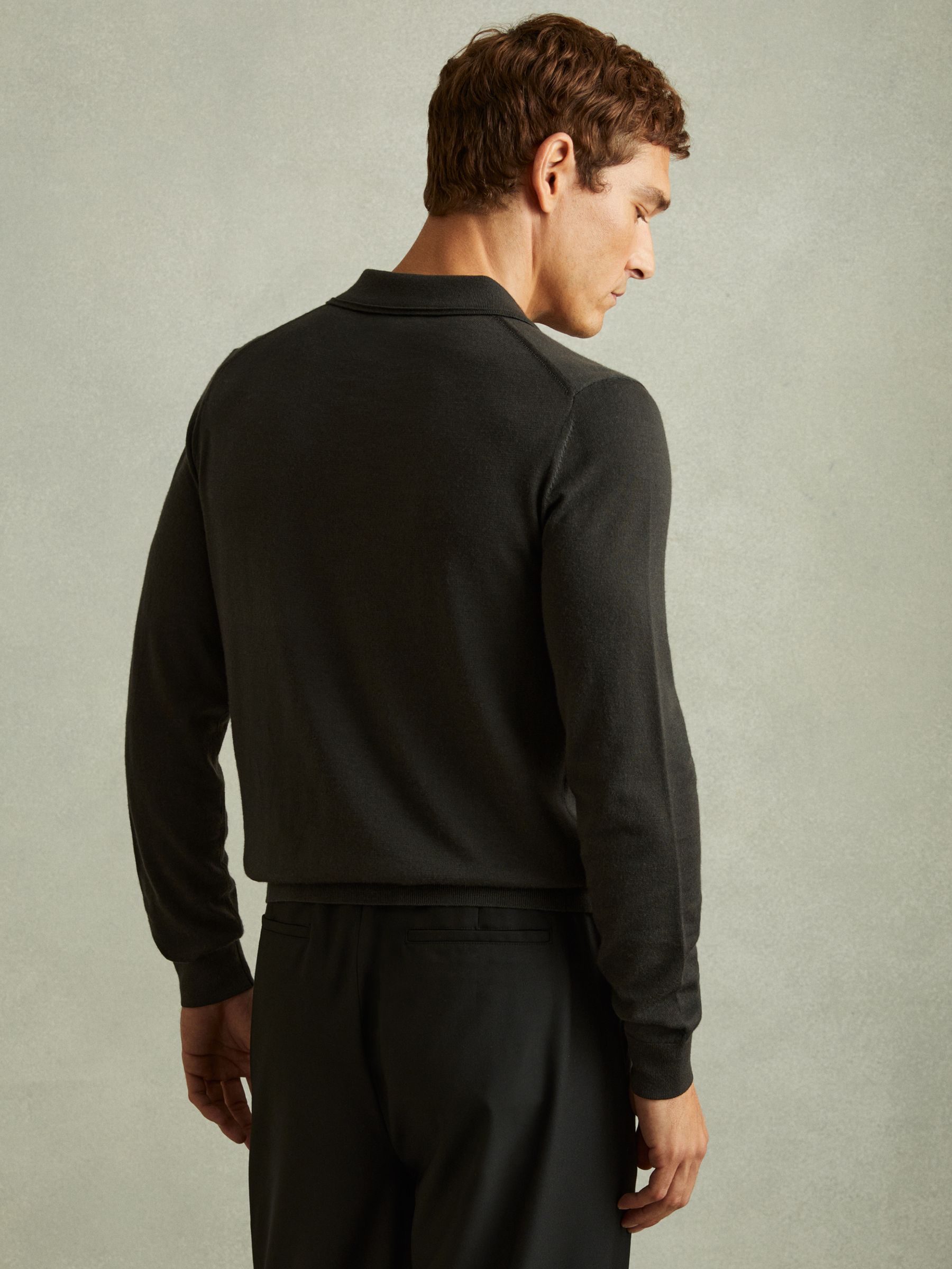 Merino Wool Polo Shirt in Dark Military Green - Image 4 of 5