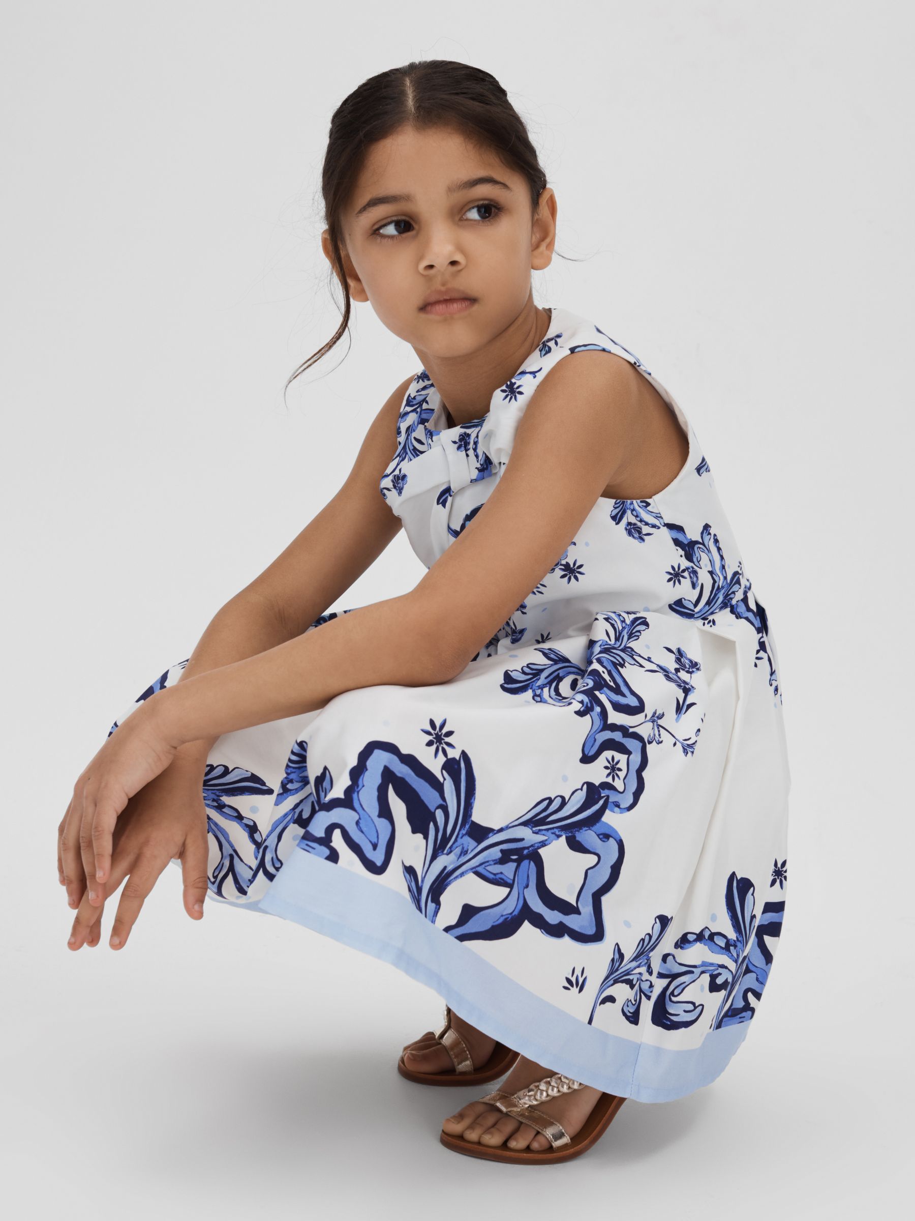 9-13 yrs Cotton Tile Print Pleated Dress in Blue Print - Image 1 of 4