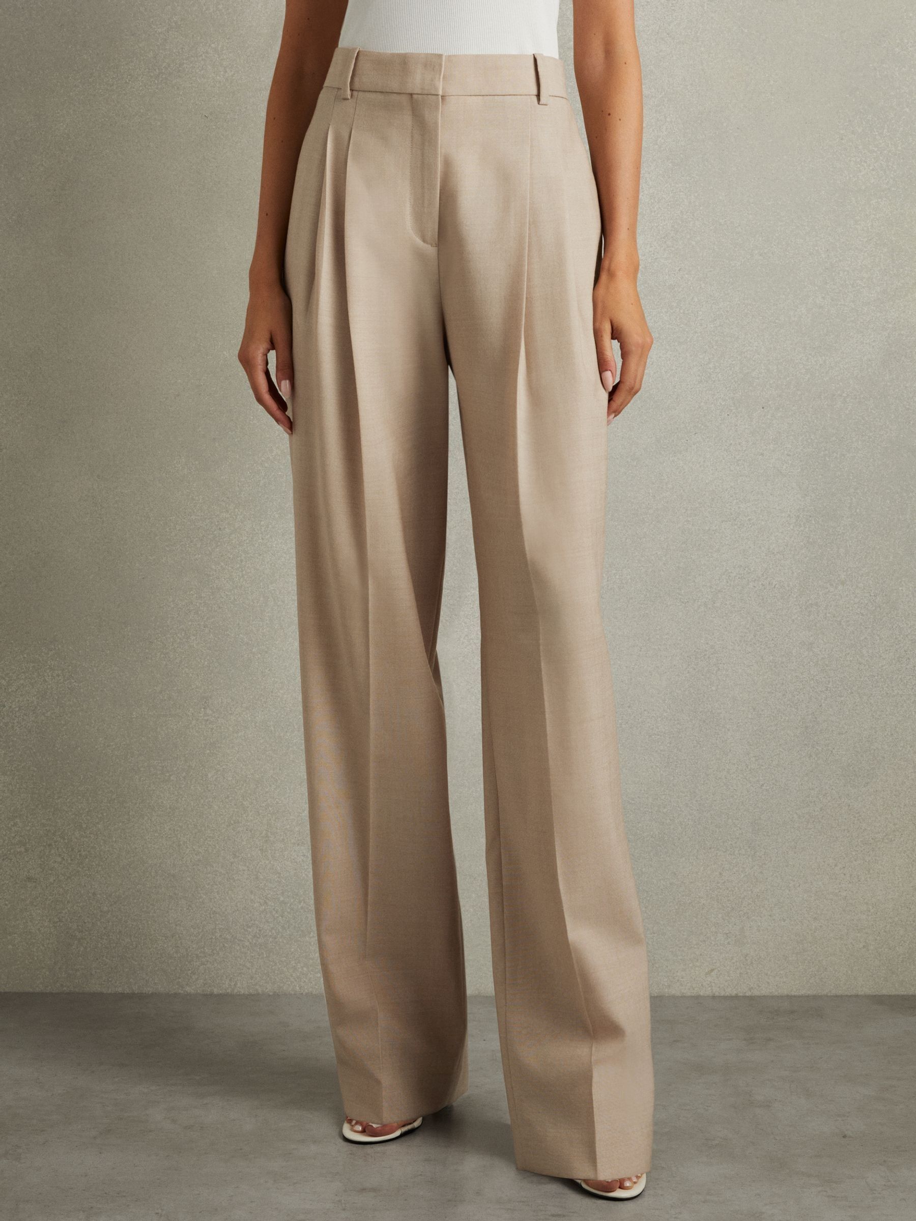 Reiss Wool Pleat Front Wide Leg Suit Trousers in Neutral | REISS