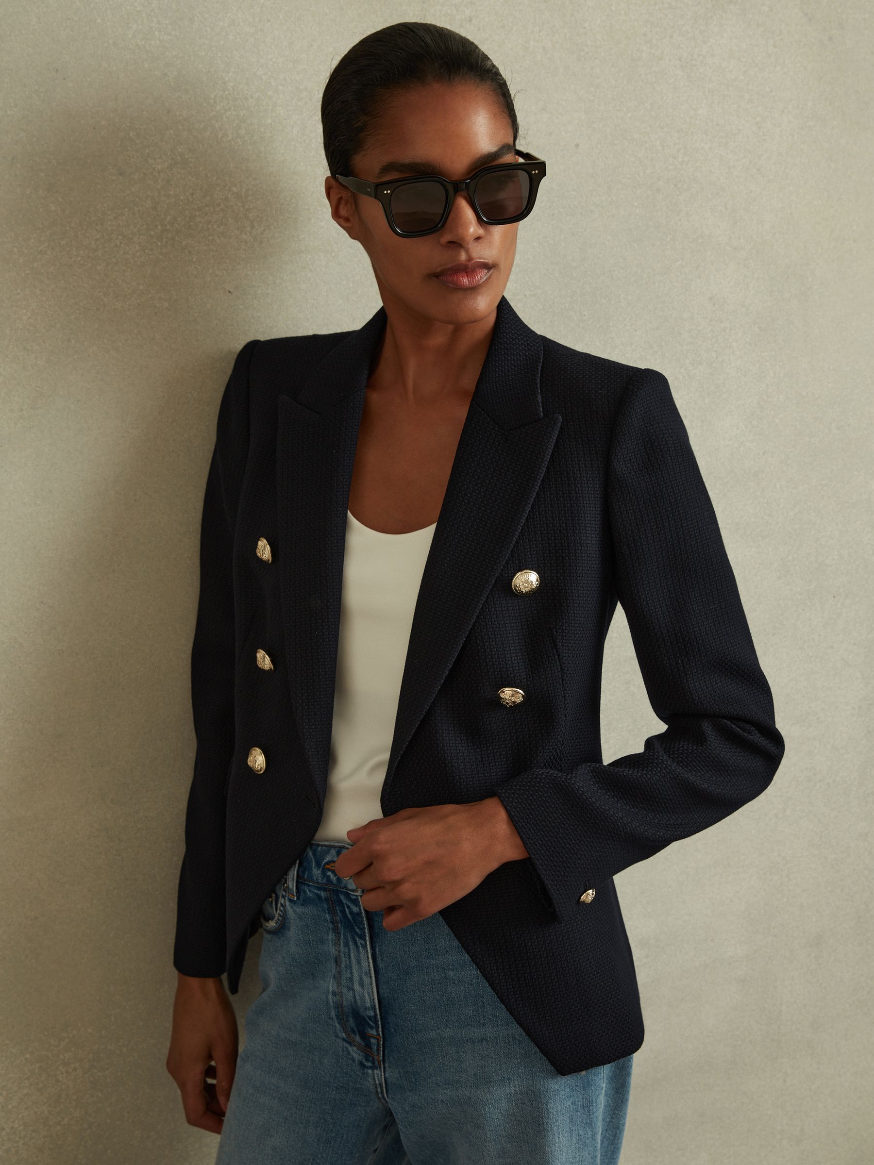 Petite Tailored Fit Textured Double Breasted Blazer in Navy - Image 1 of 7