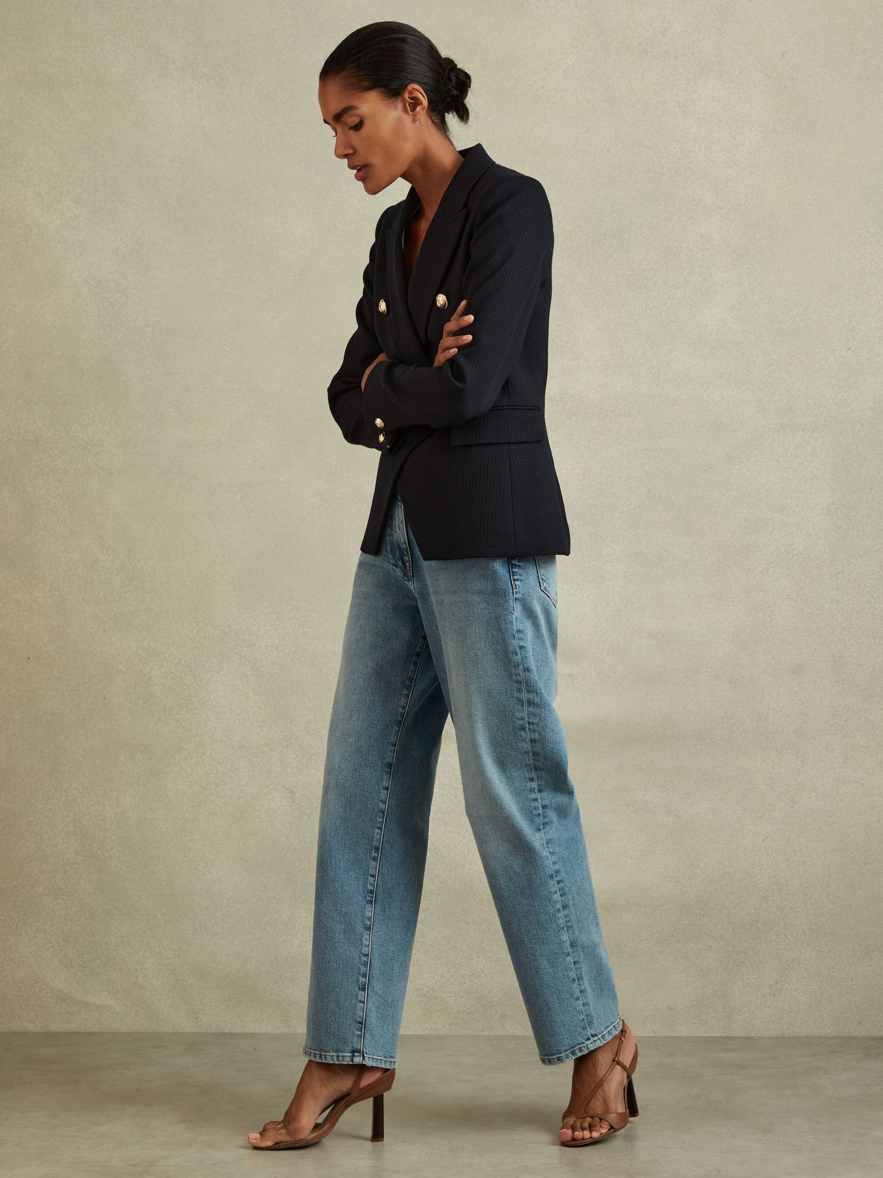 Petite Tailored Fit Textured Double Breasted Blazer in Navy - Image 4 of 7