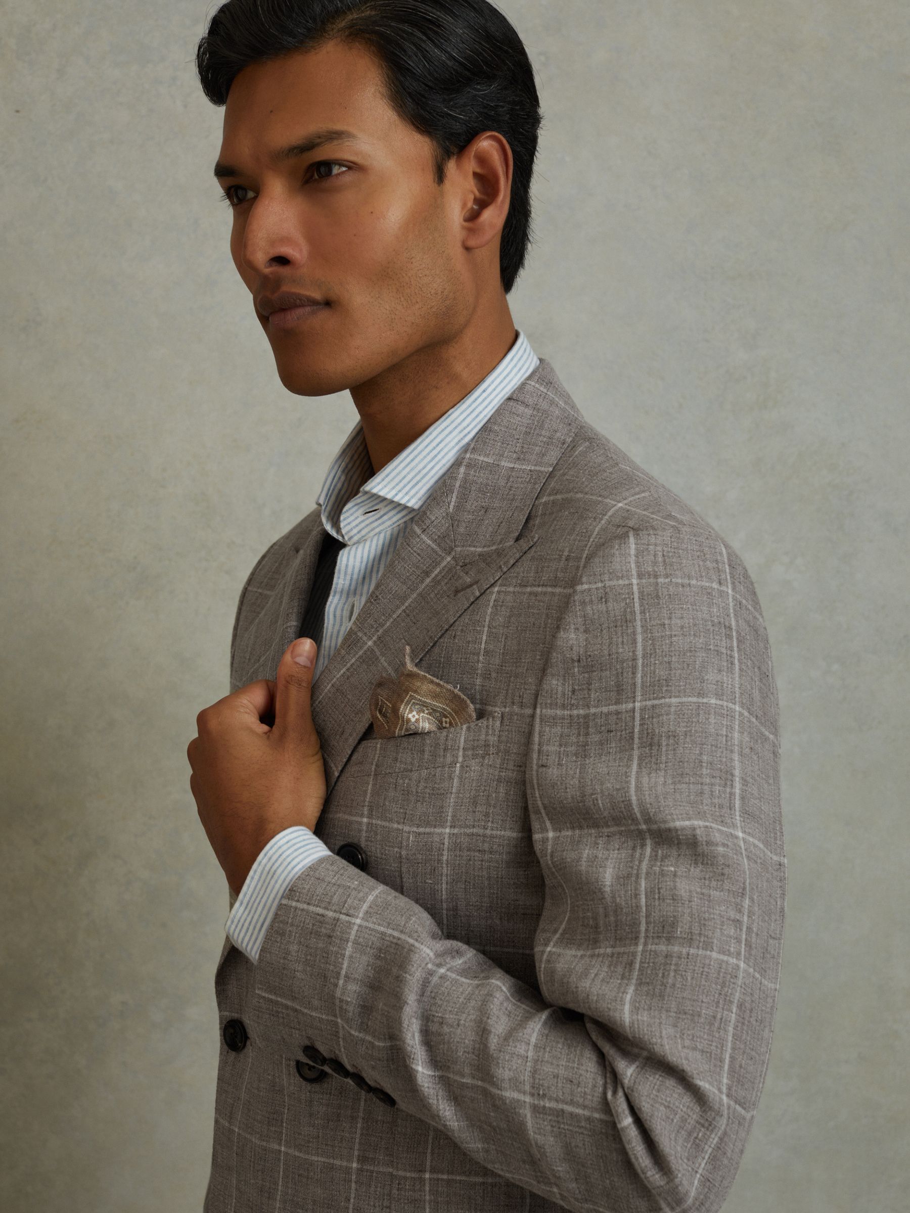 Linen Double Breasted Check Blazer in Light Taupe - Image 4 of 7