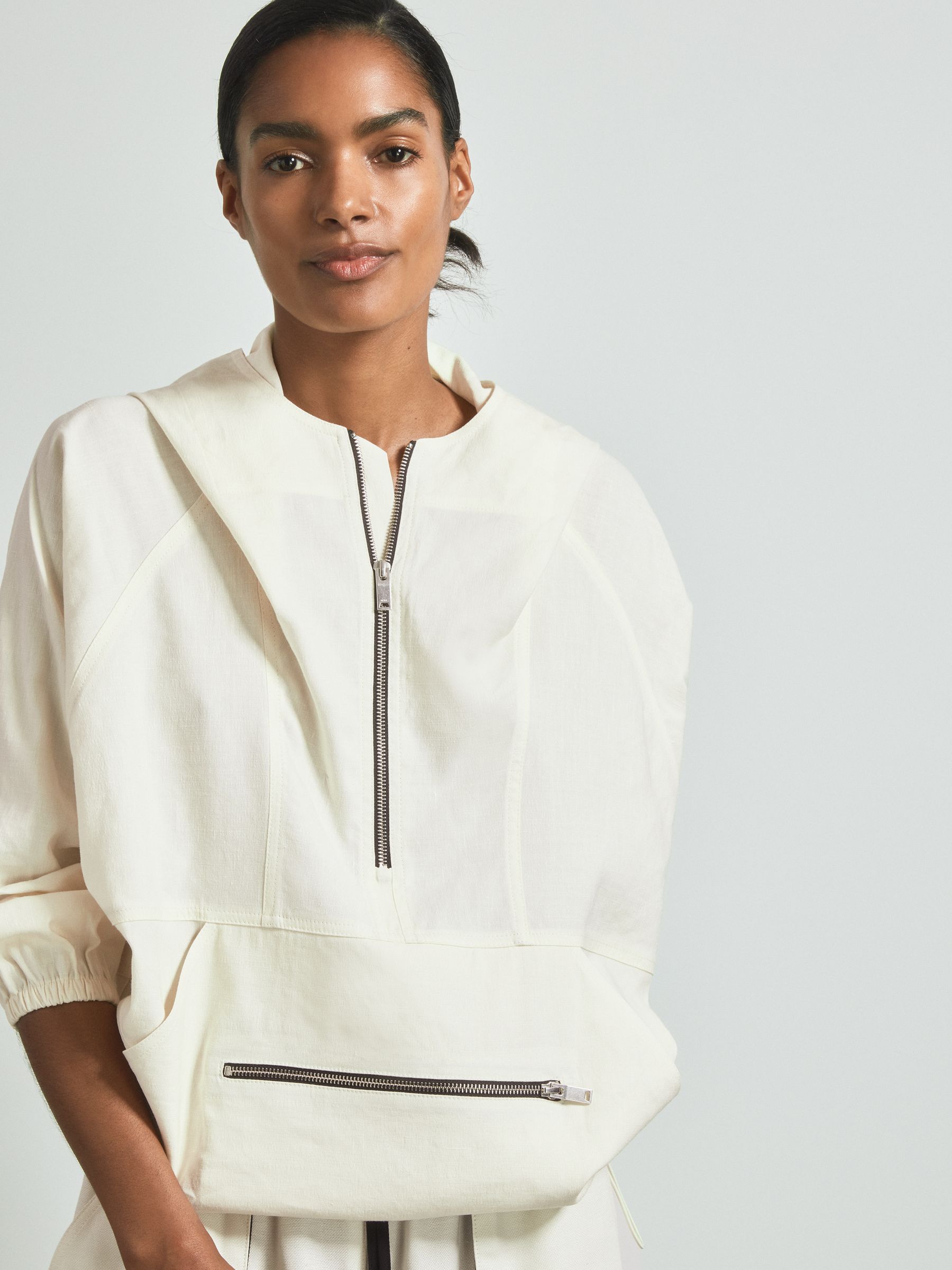 Atelier Linen Blend Hooded Sports Jacket in White - Image 3 of 6