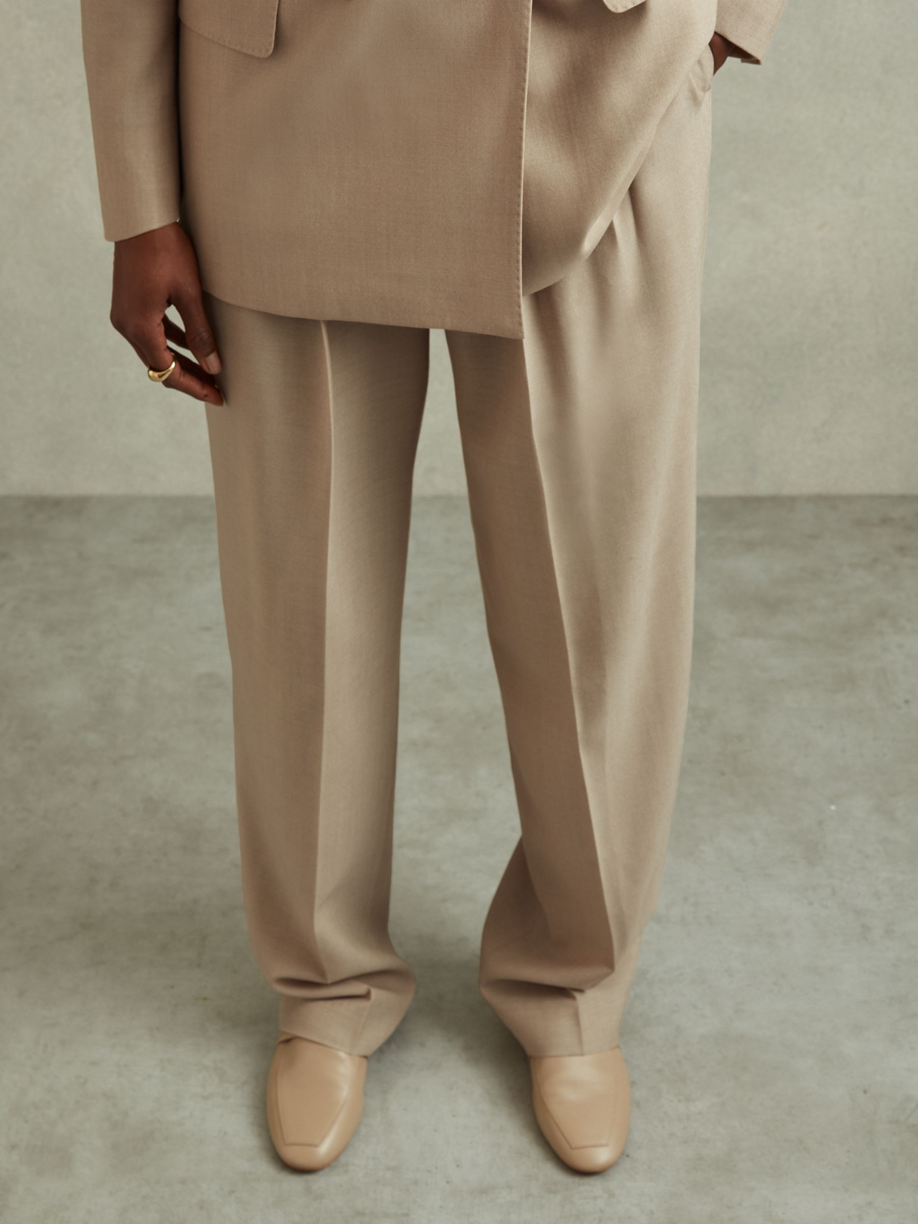 Petite Wool Pleat Front Wide Leg Suit Trousers in Neutral - Image 1 of 7