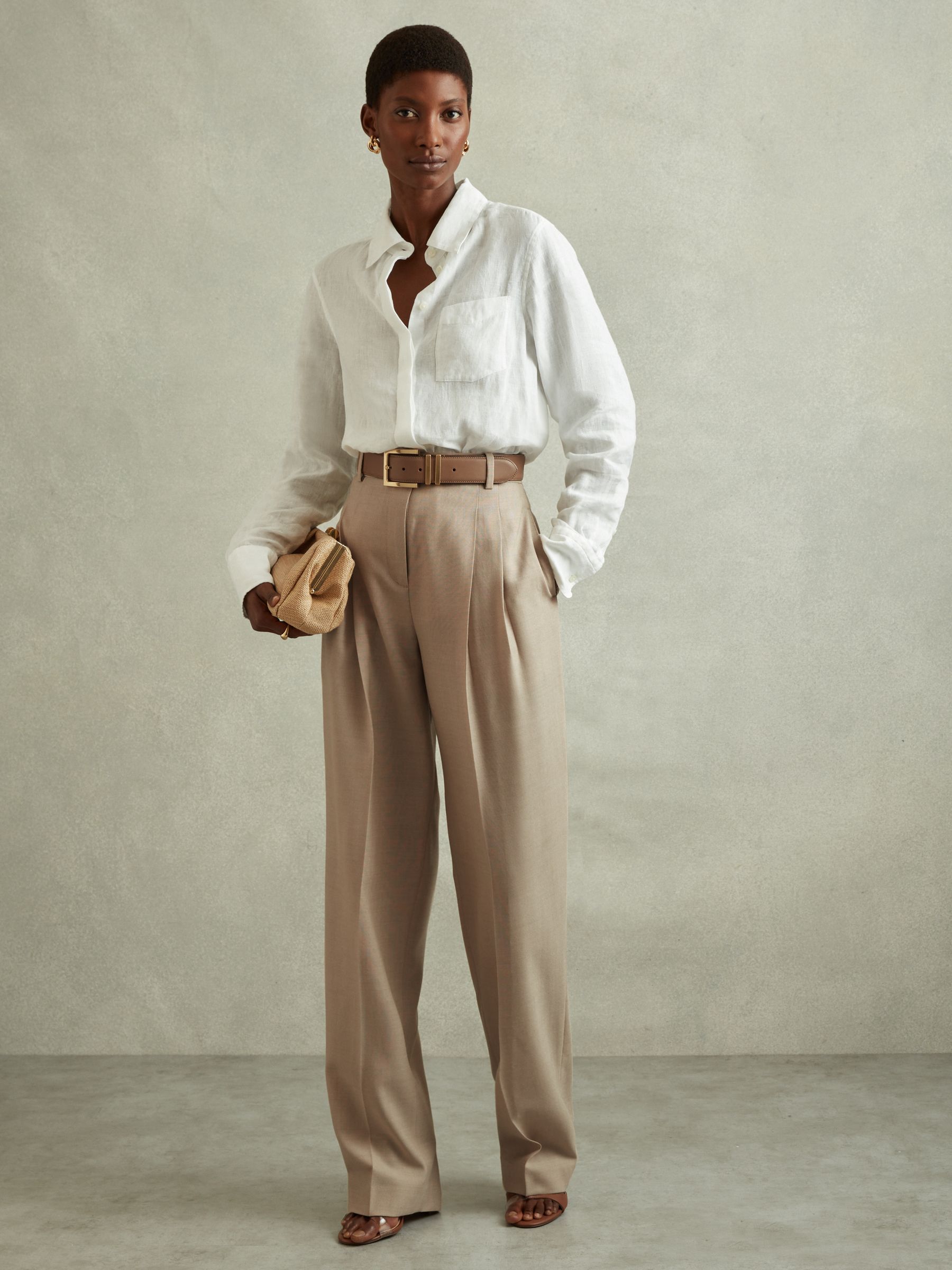 Petite Wool Pleat Front Wide Leg Suit Trousers in Neutral - Image 3 of 7