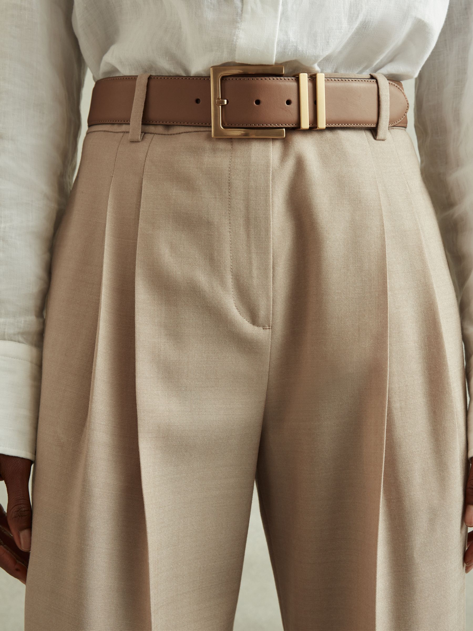 Petite Wool Pleat Front Wide Leg Suit Trousers in Neutral - Image 4 of 7