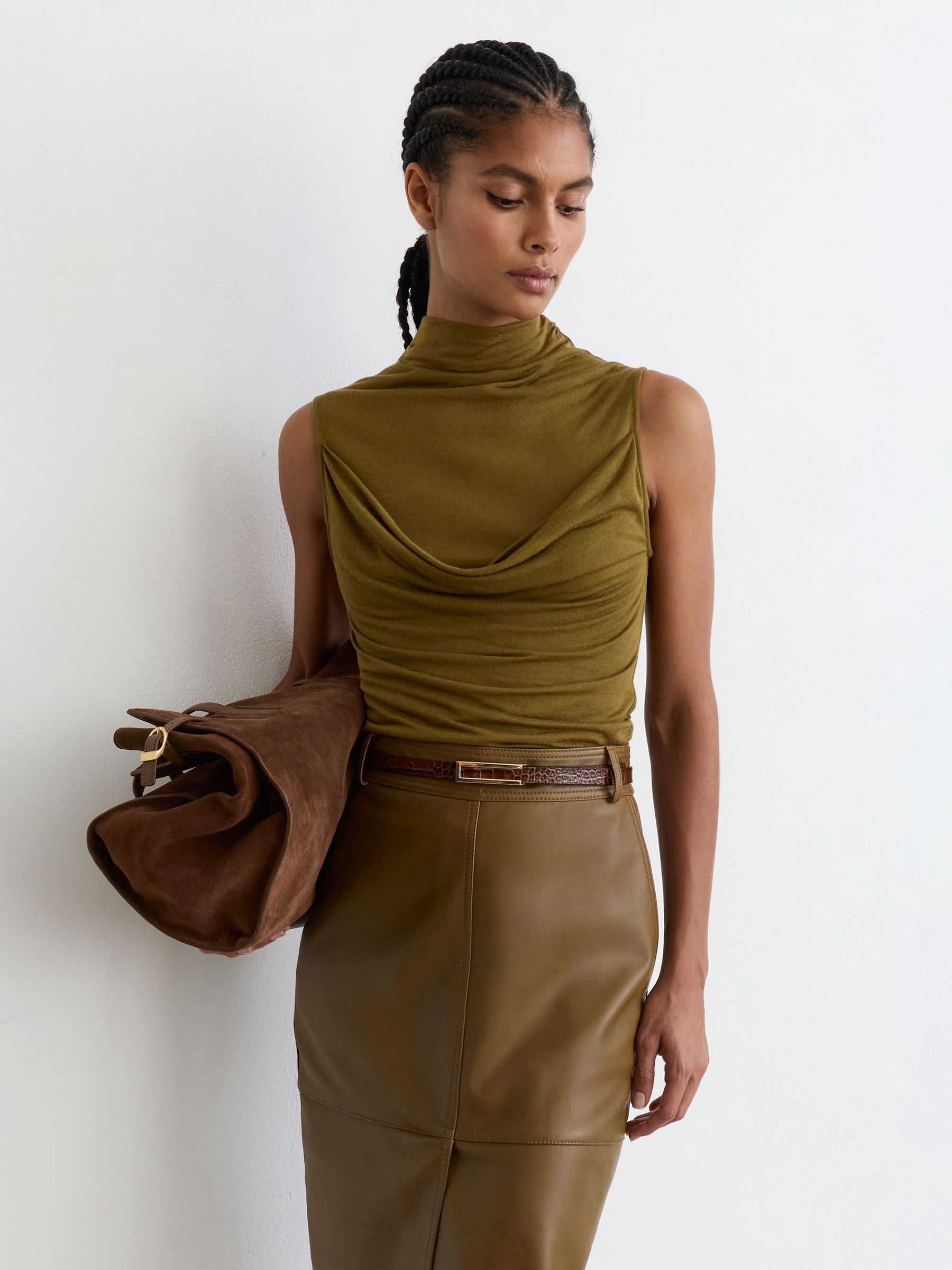 Modal-Cashmere Draped Sleeveless Top in Khaki Green by Reiss