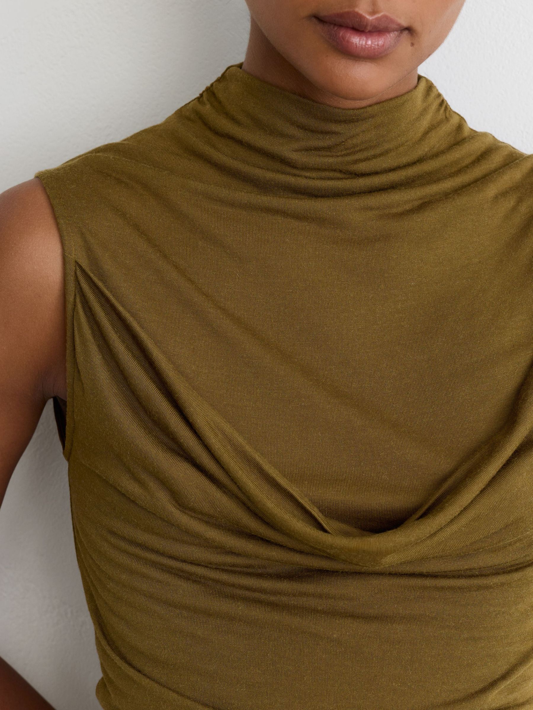Modal-Cashmere Draped Sleeveless Top in Khaki Green - Image 3 of 7