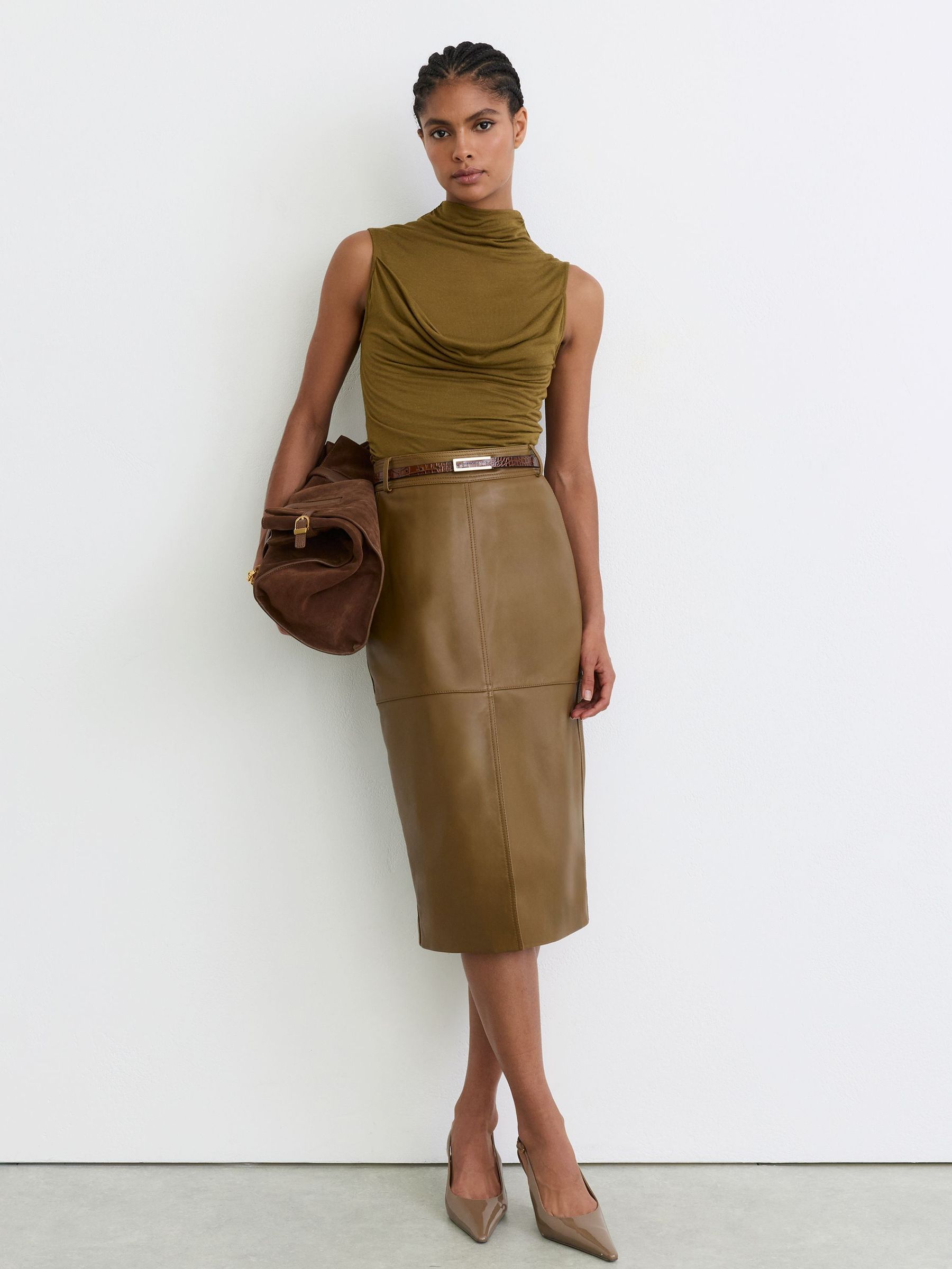Modal-Cashmere Draped Sleeveless Top in Khaki Green - Image 4 of 7
