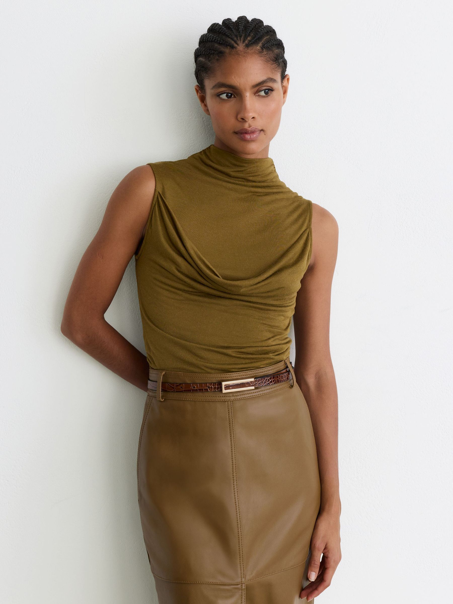 Modal-Cashmere Draped Sleeveless Top in Khaki Green - Image 6 of 7