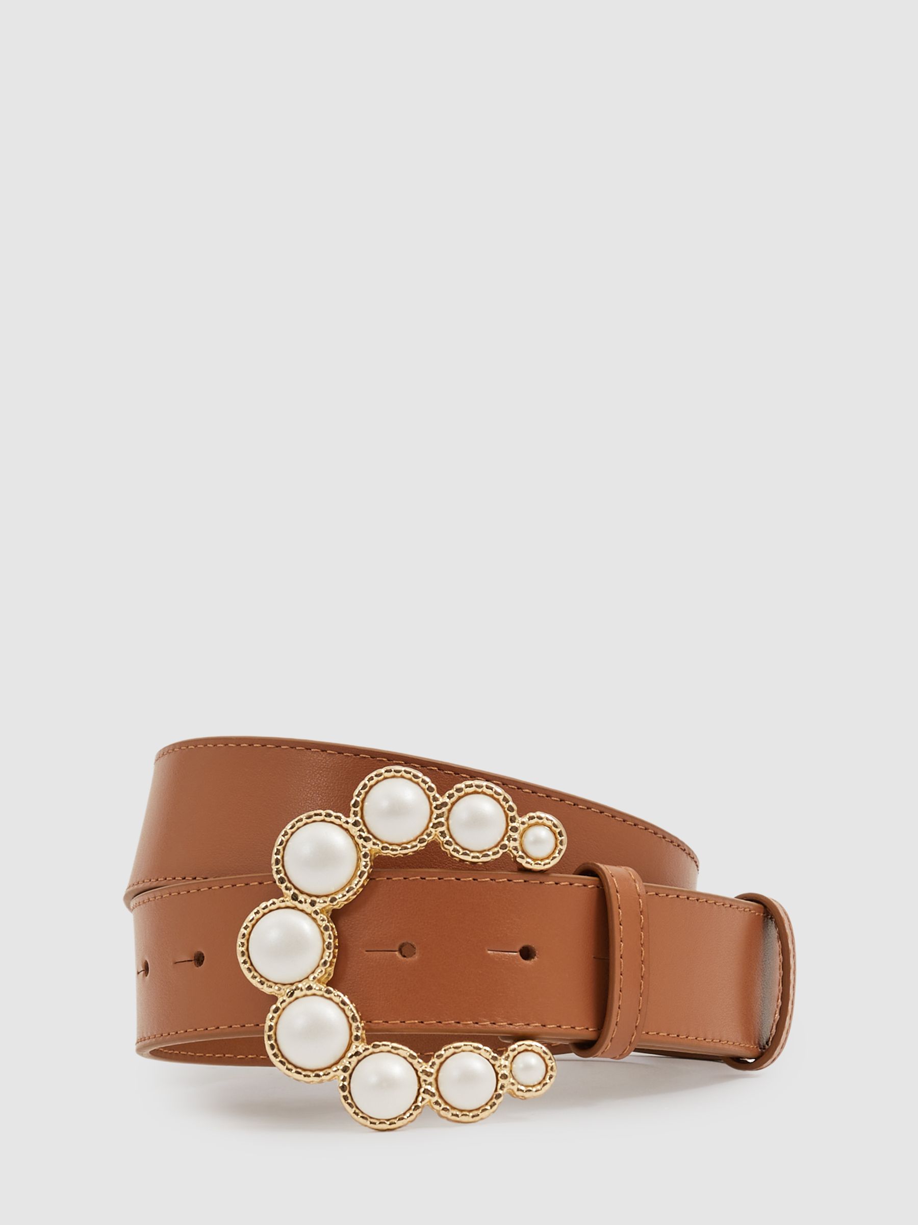 Camilla Elphick Leather Pearl Buckle Belt in Tan - Image 1 of 4 Camilla Elphick Leather Pearl Buckle Belt in Tan - Image 1 of 4