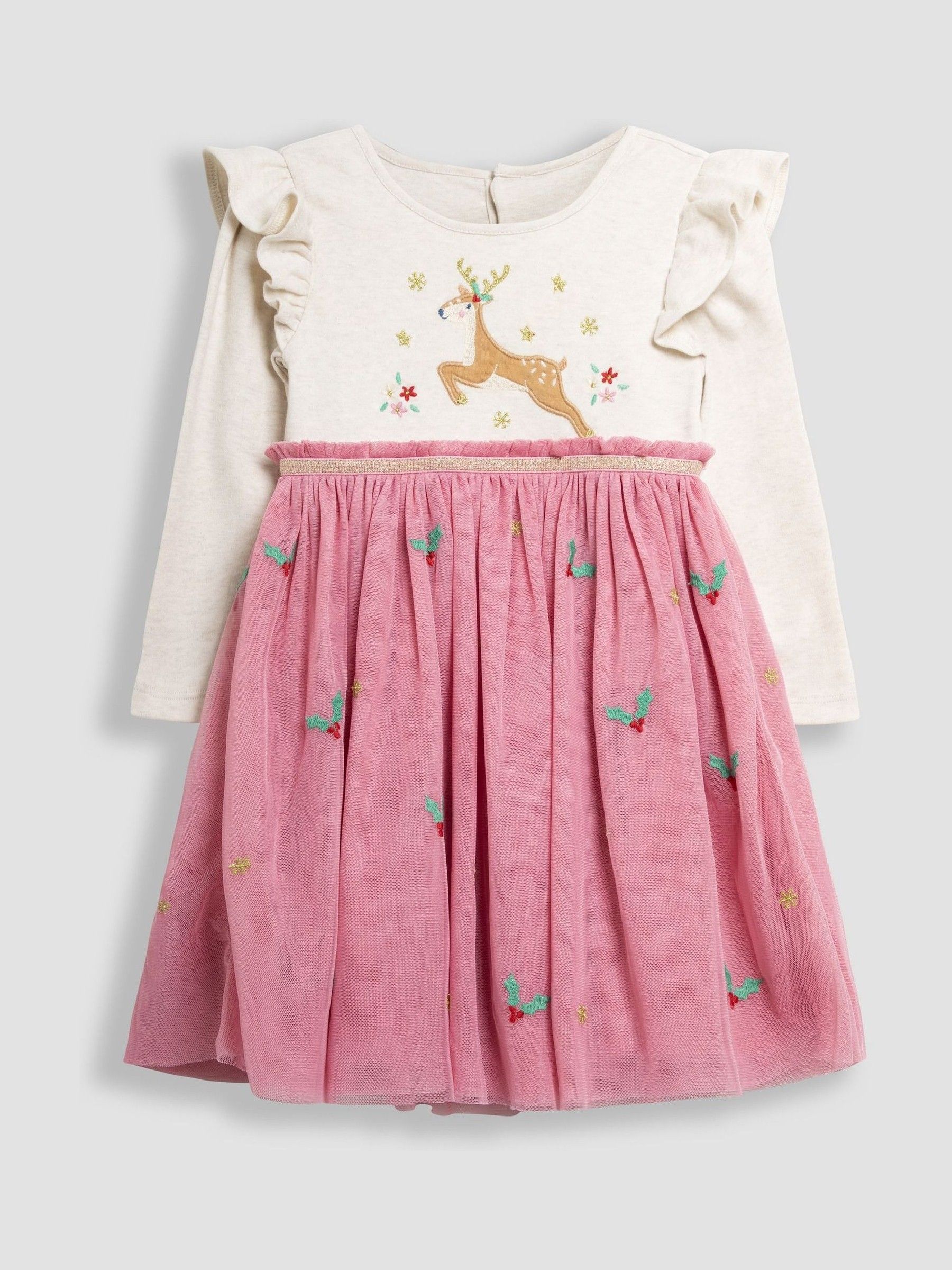 Pink Reindeer Christmas Appliqué Tulle Party Dress - Image 1 of 5