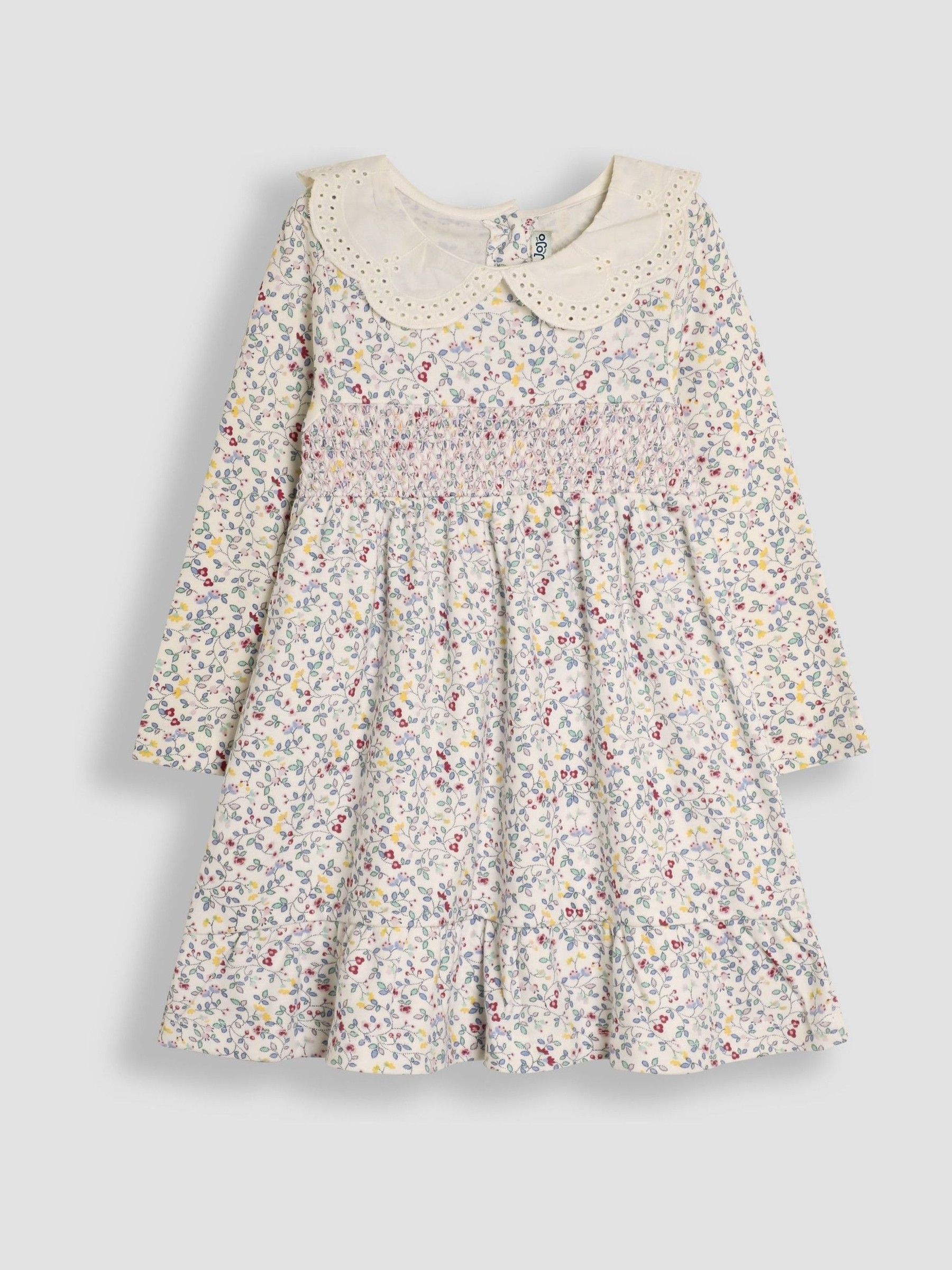 Cream Floral Smocked Broderie Collar Dress - Image 1 of 3