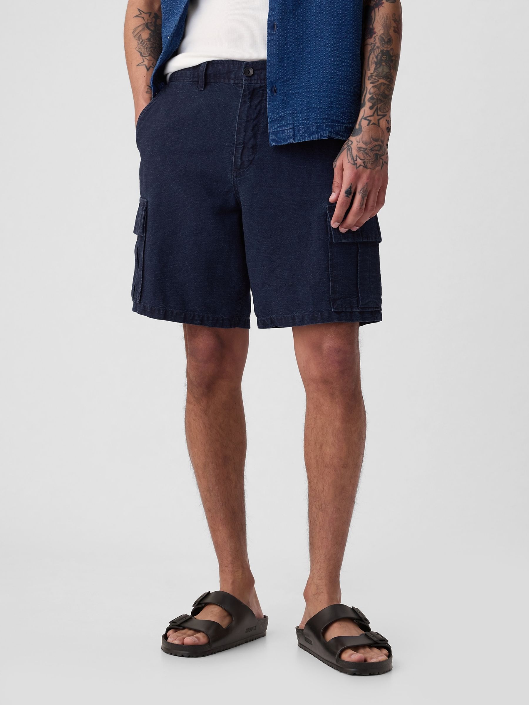 Blue Linen Cotton Cargo Shorts - Image 1 of 5