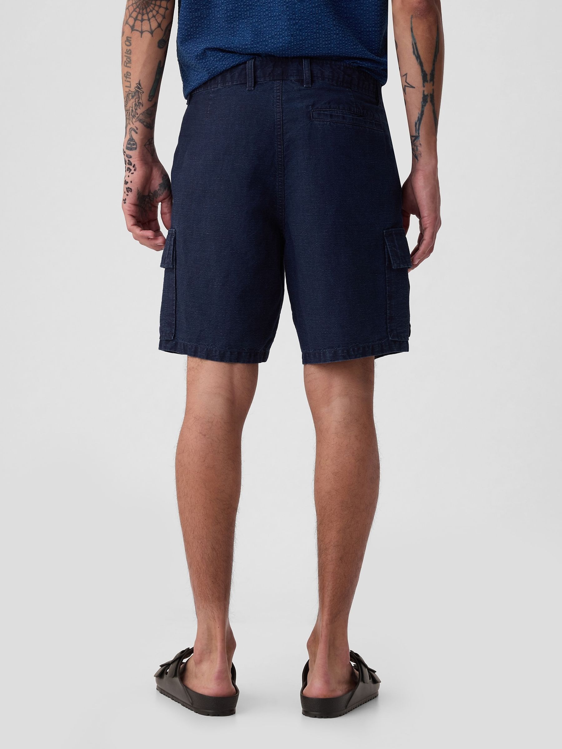 Blue Linen Cotton Cargo Shorts - Image 2 of 5