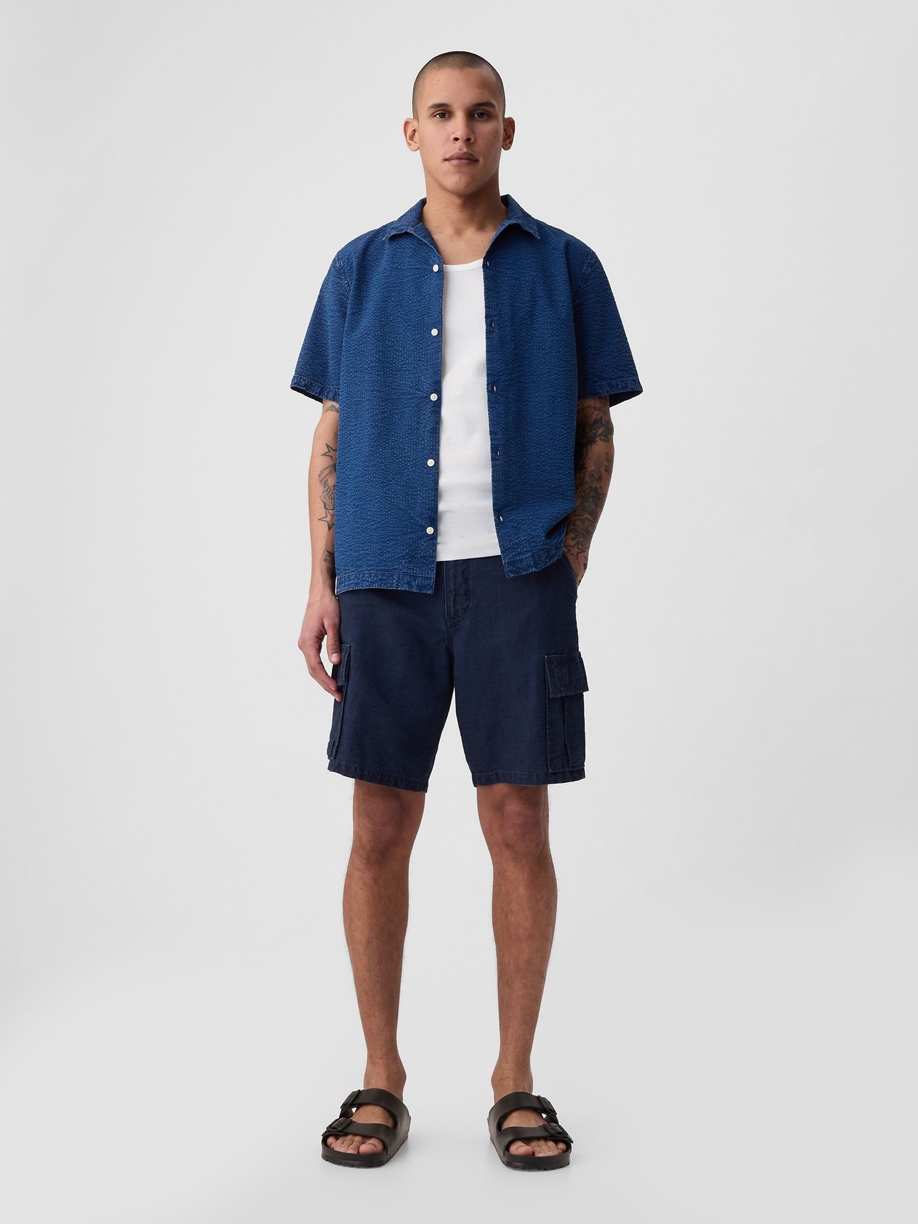 Blue Linen Cotton Cargo Shorts - Image 3 of 5