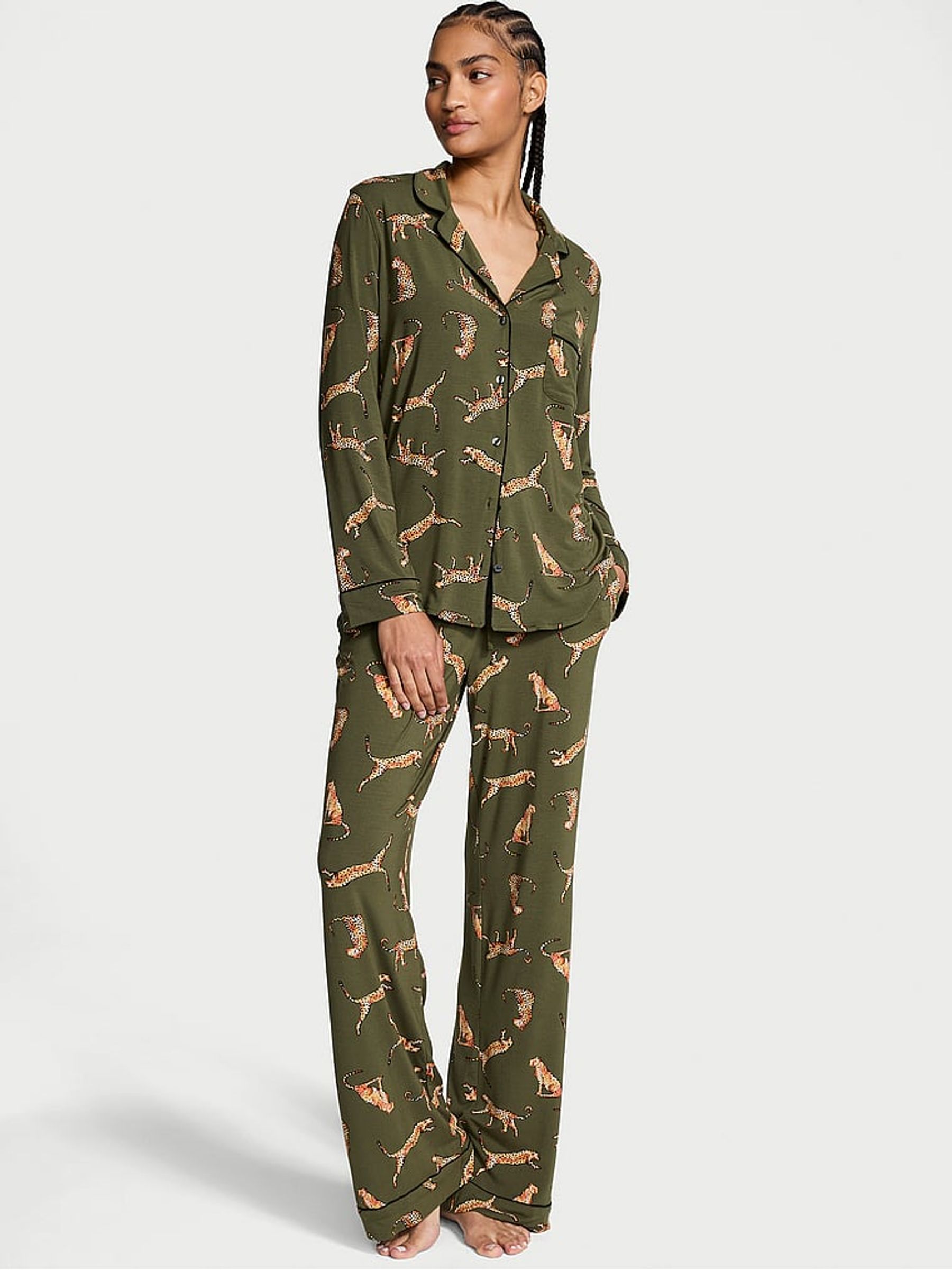 Olive Green Leopard Modal Long Pyjama Set - Image 1 of 3