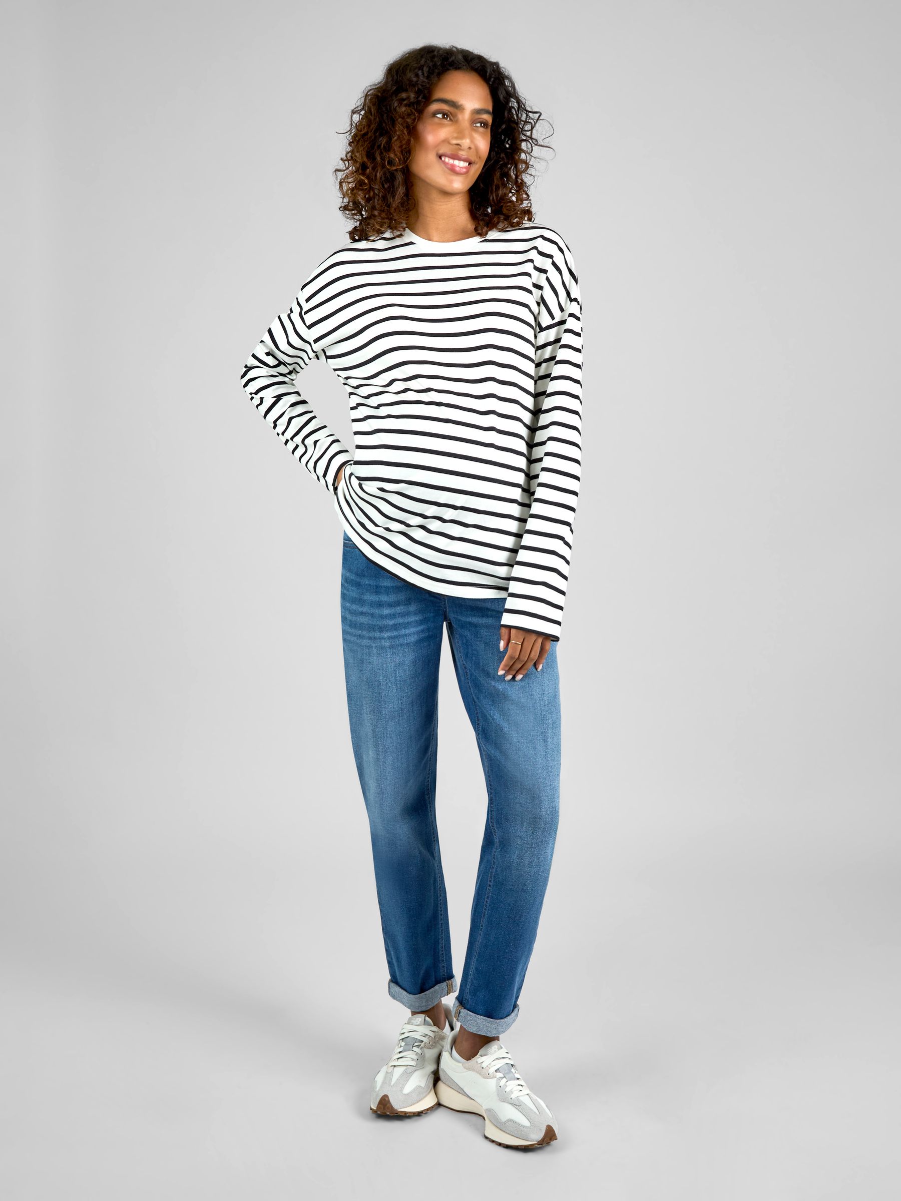 Black & Cream Stripe Long Sleeve Boyfriend Maternity T-Shirt - Image 3 of 4