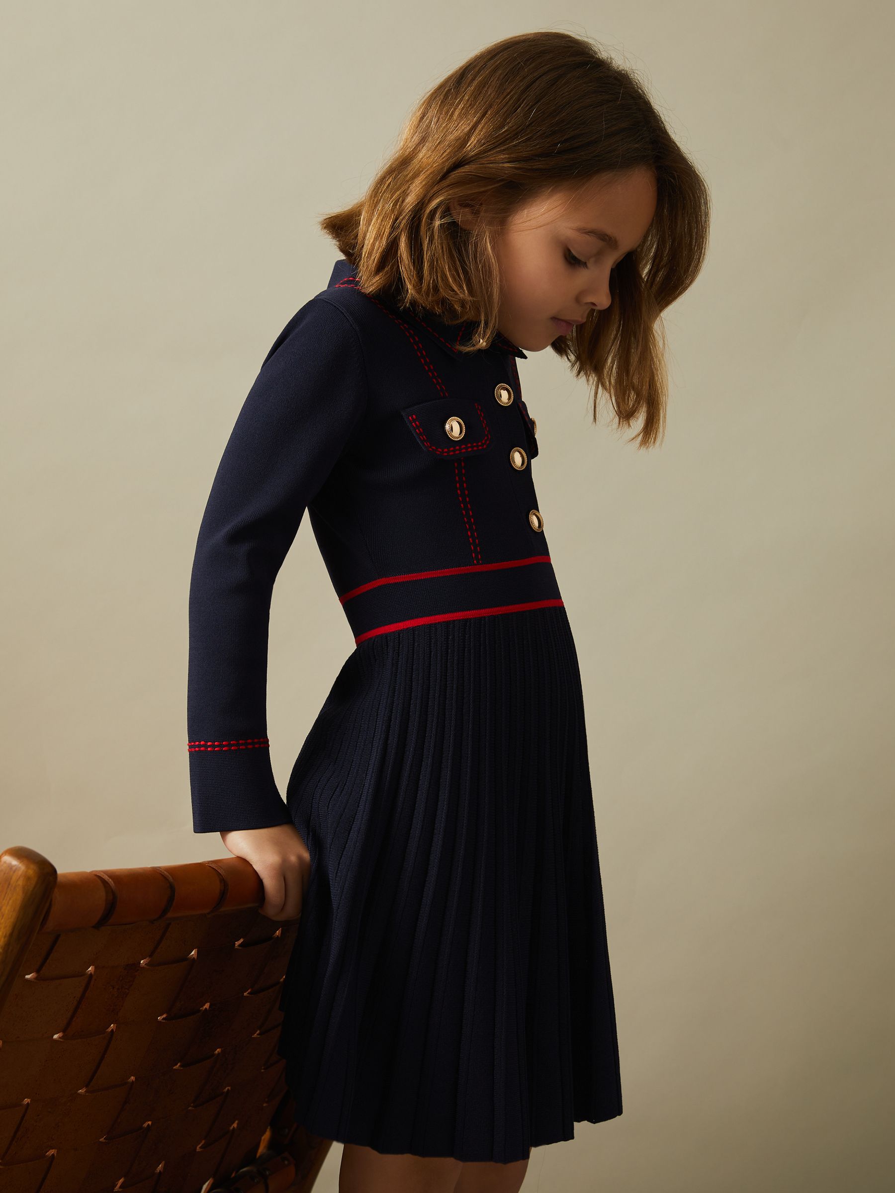 Knitted Contrast Stitch Dress in Navy - Image 1 of 4
