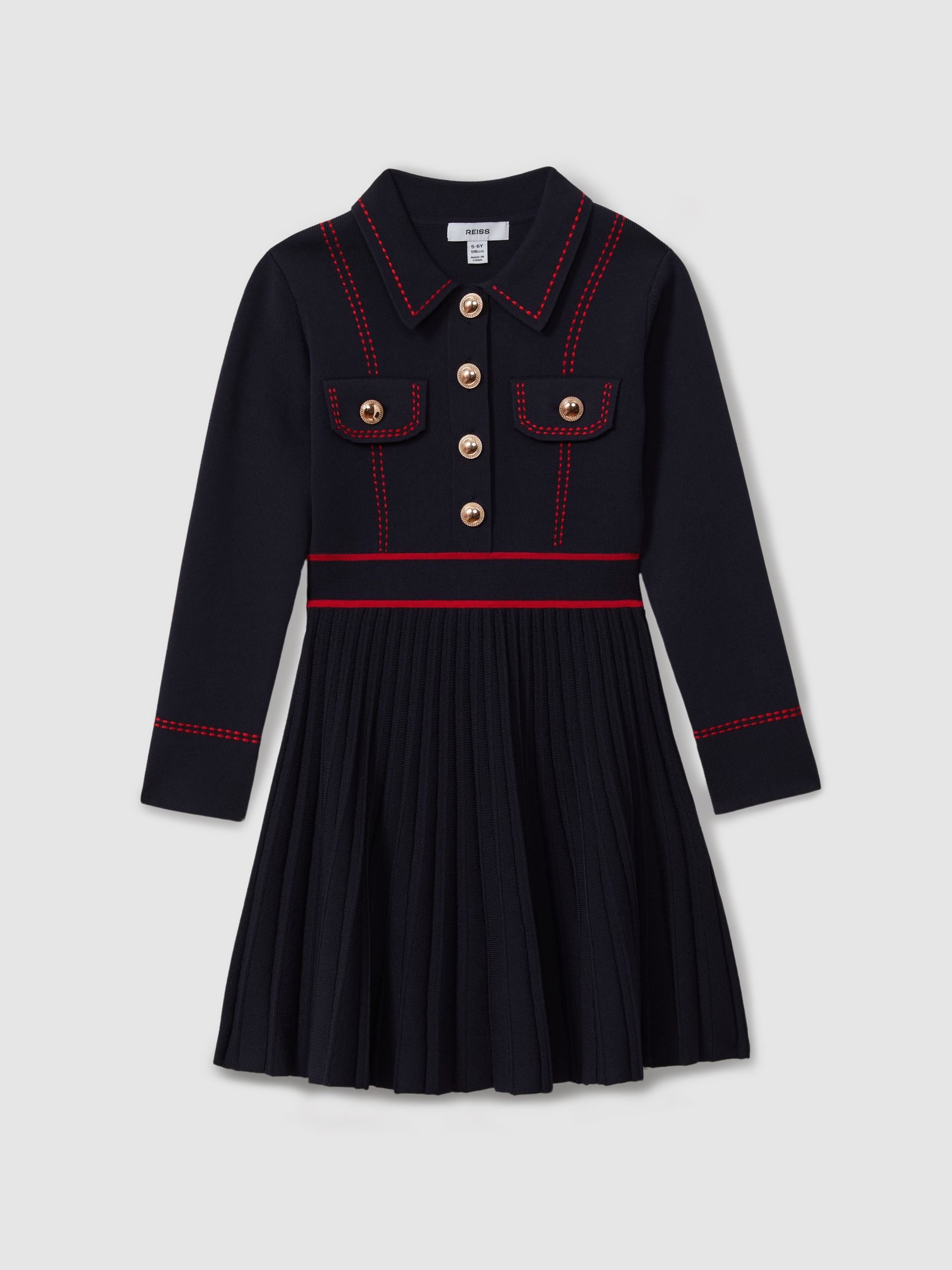 Knitted Contrast Stitch Dress in Navy - Image 2 of 4