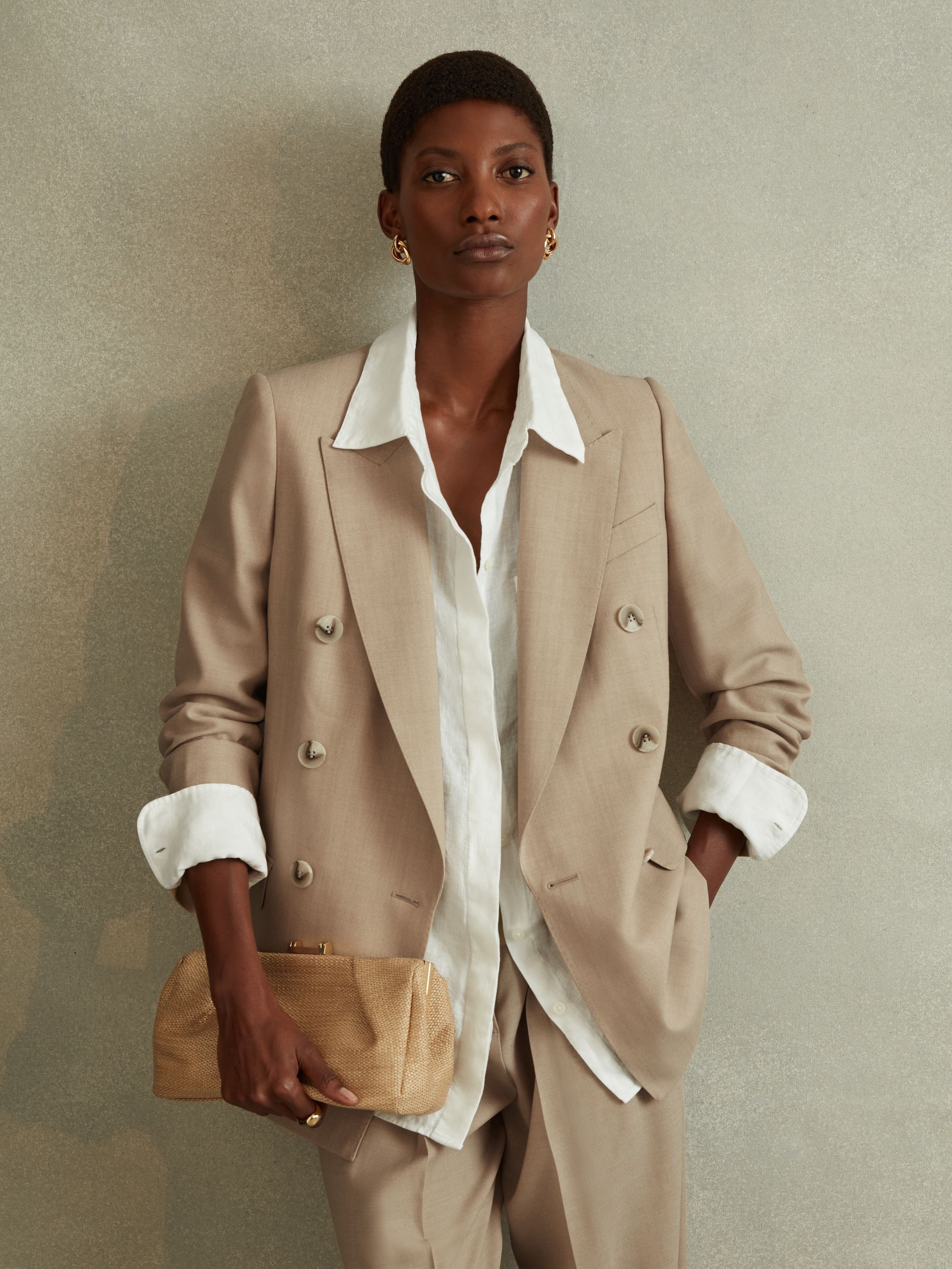 Wool Double Breasted Suit Blazer in Neutral - Image 1 of 6