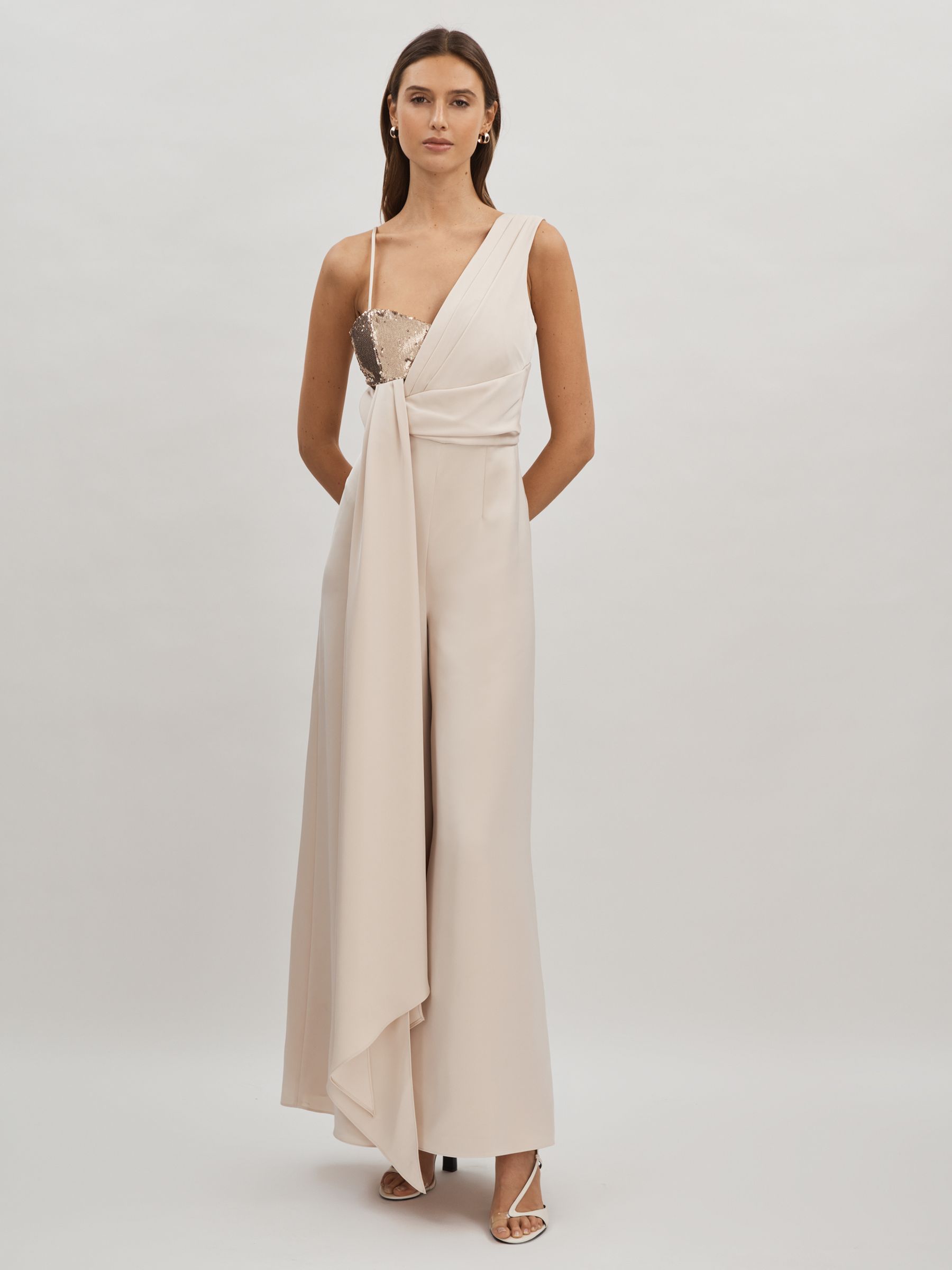 Halston Satin Sequin Wide Leg Jumpsuit in Champagne - Image 1 of 6