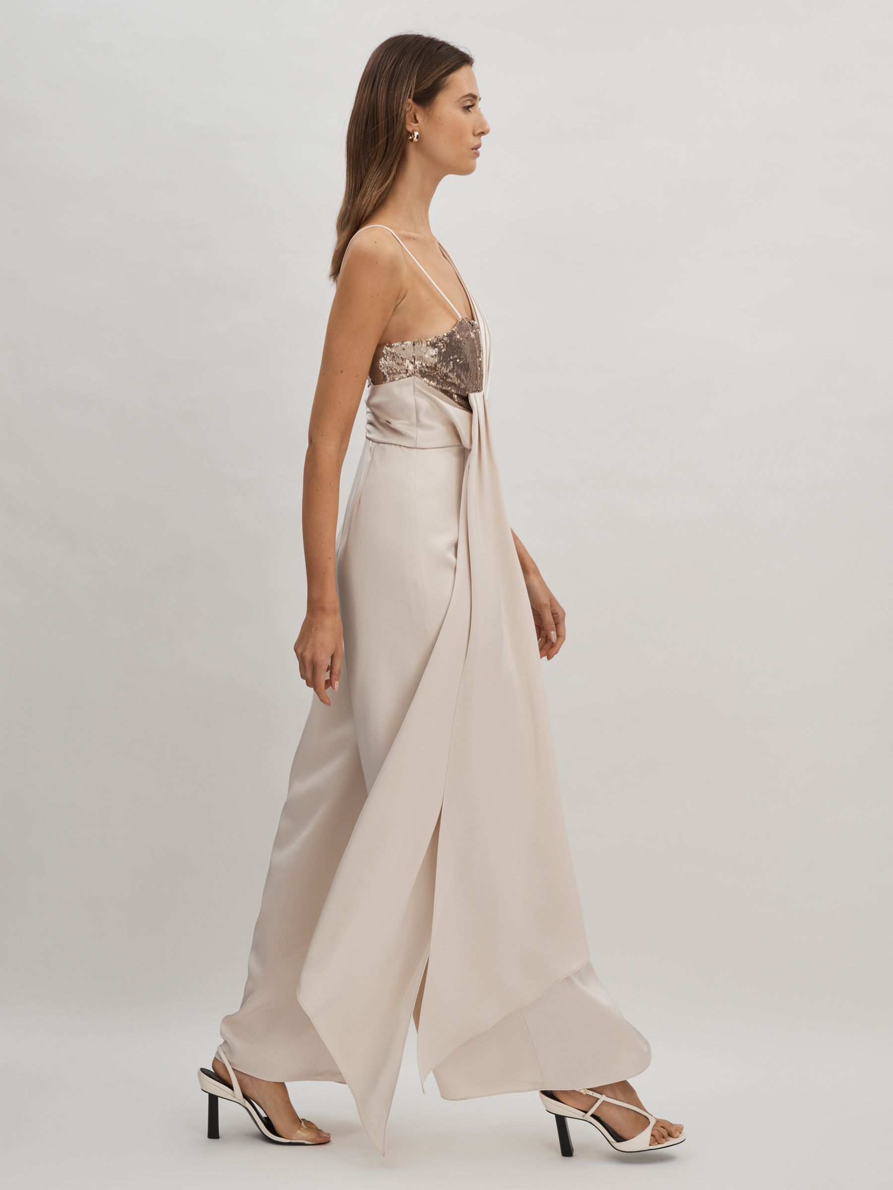 Reiss Halston Satin Sequin Wide Leg Jumpsuit in Champagne